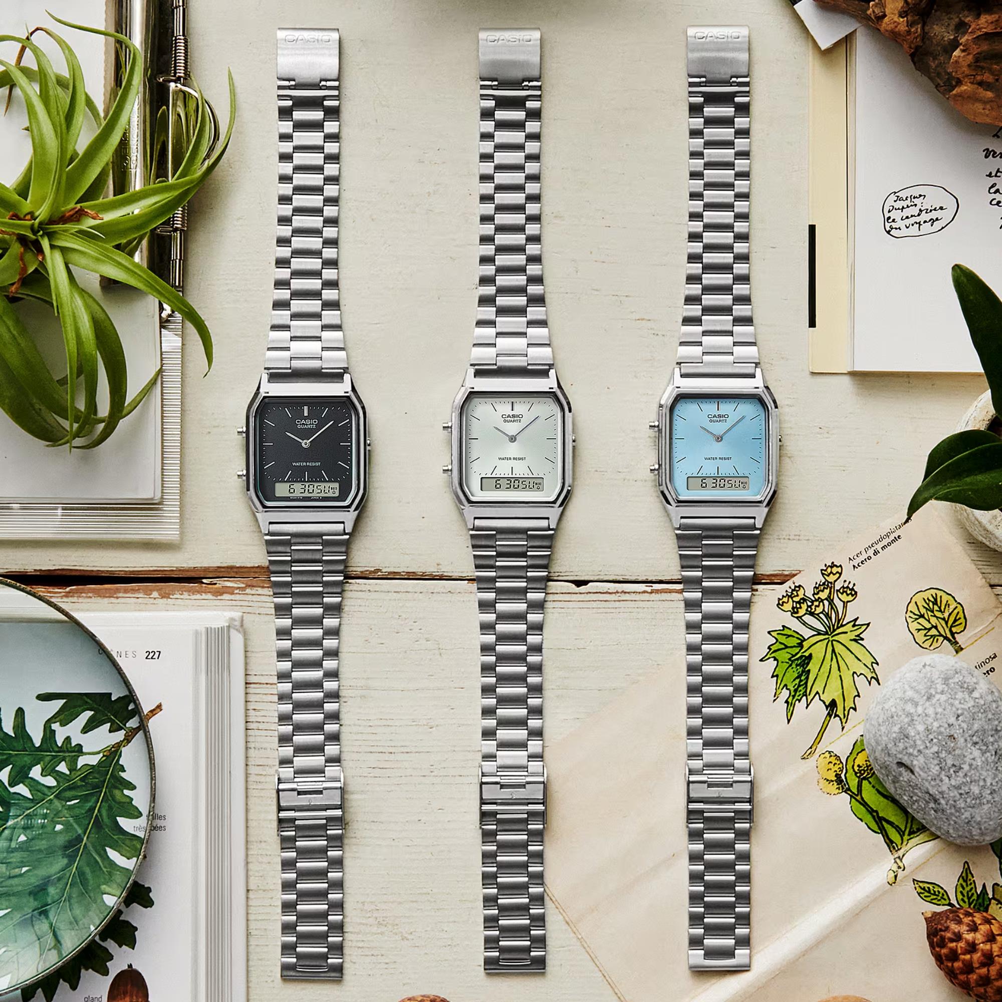 Casio Vintage Quarz Silbernes Zifferblatt Edelstahlarmband Uhr AQ-230A-7AMQYES