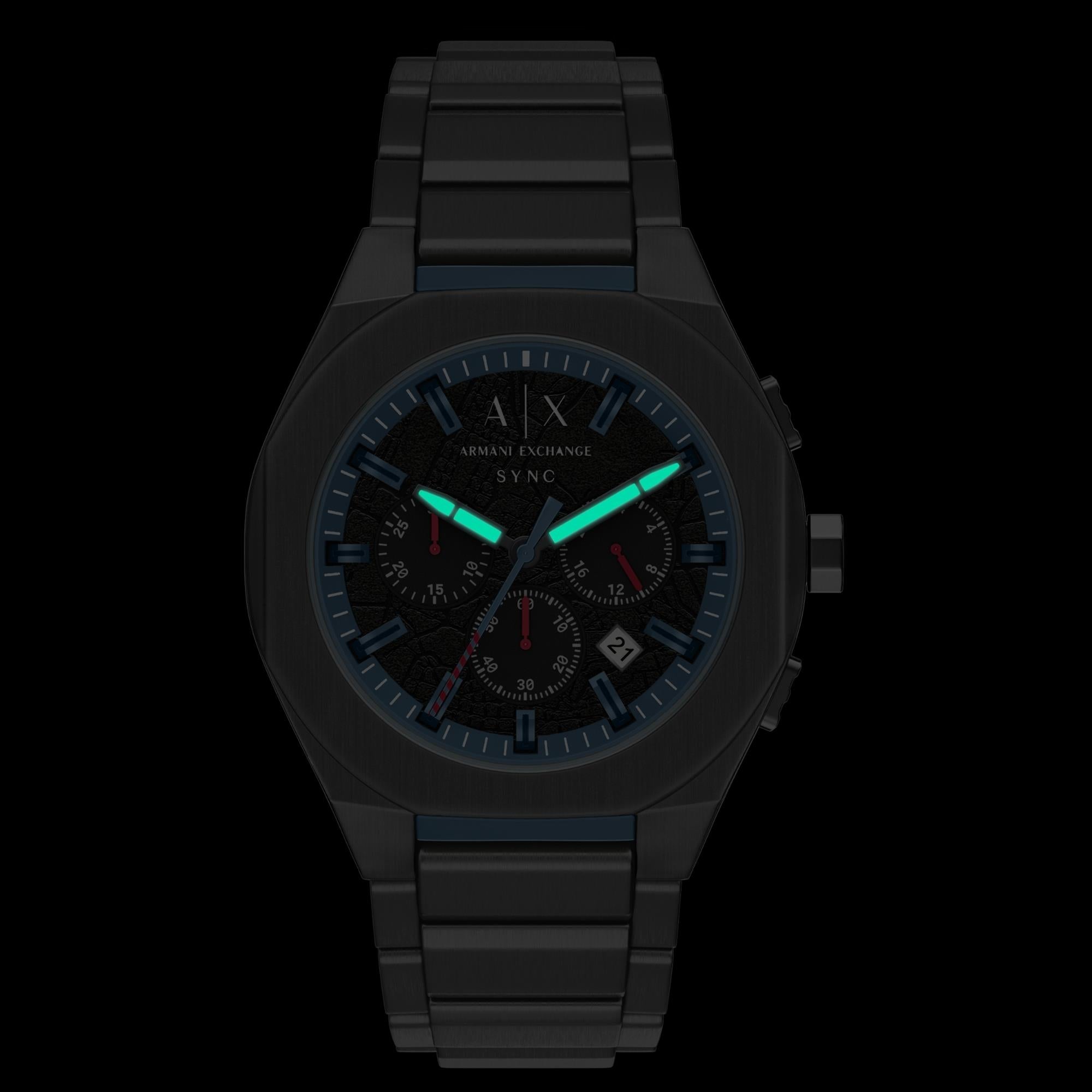 Armani Exchange Sync 44mm Chronograph Black Dial Steel Mens Quartz Watch AX4295