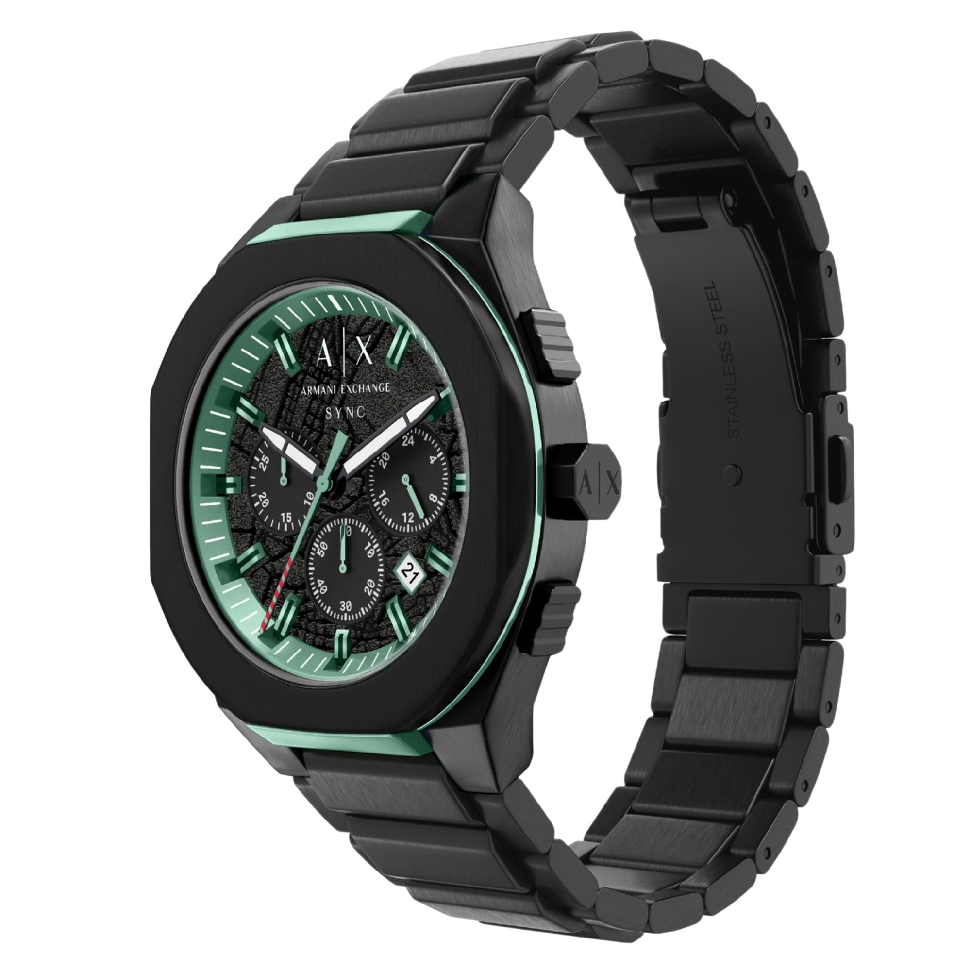 Armani Exchange Sync 44mm Chronograph Black Dial Steel Mens Quartz Watch AX4294
