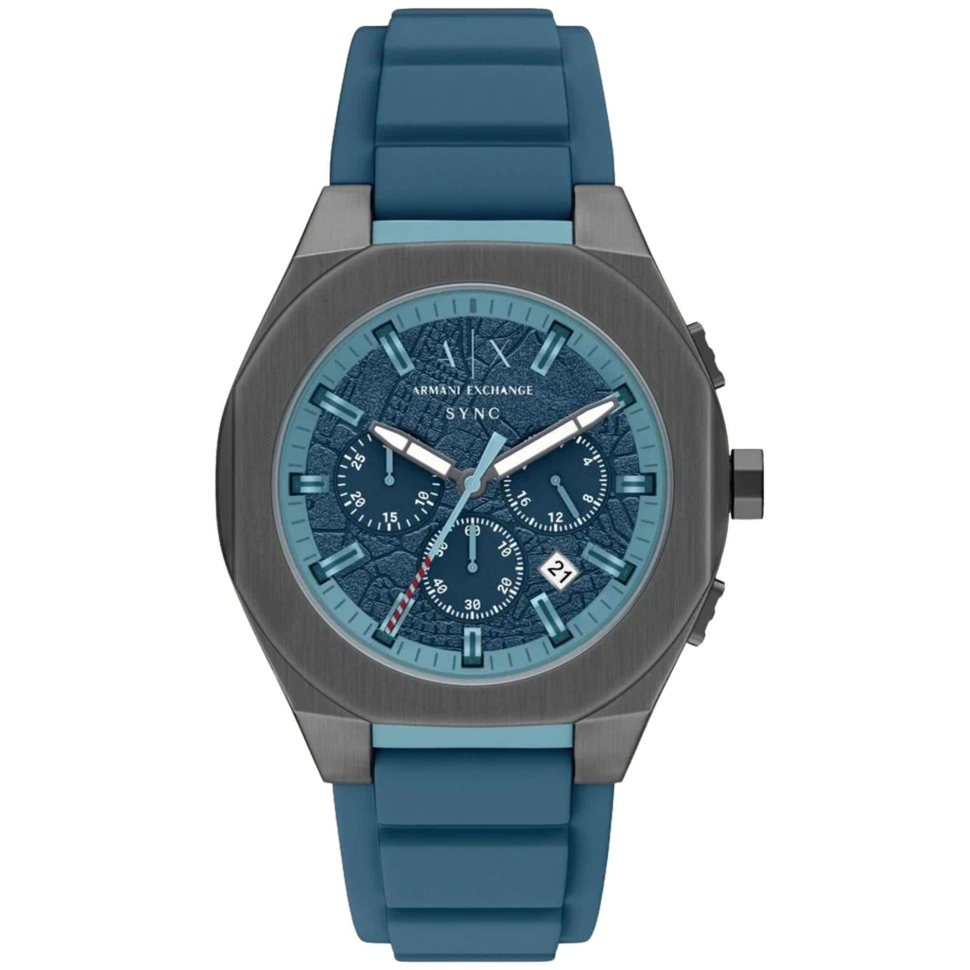 Armani Exchange Sync 44mm Chronograph Blue Dial Silicone Mens Quartz Watch AX4291