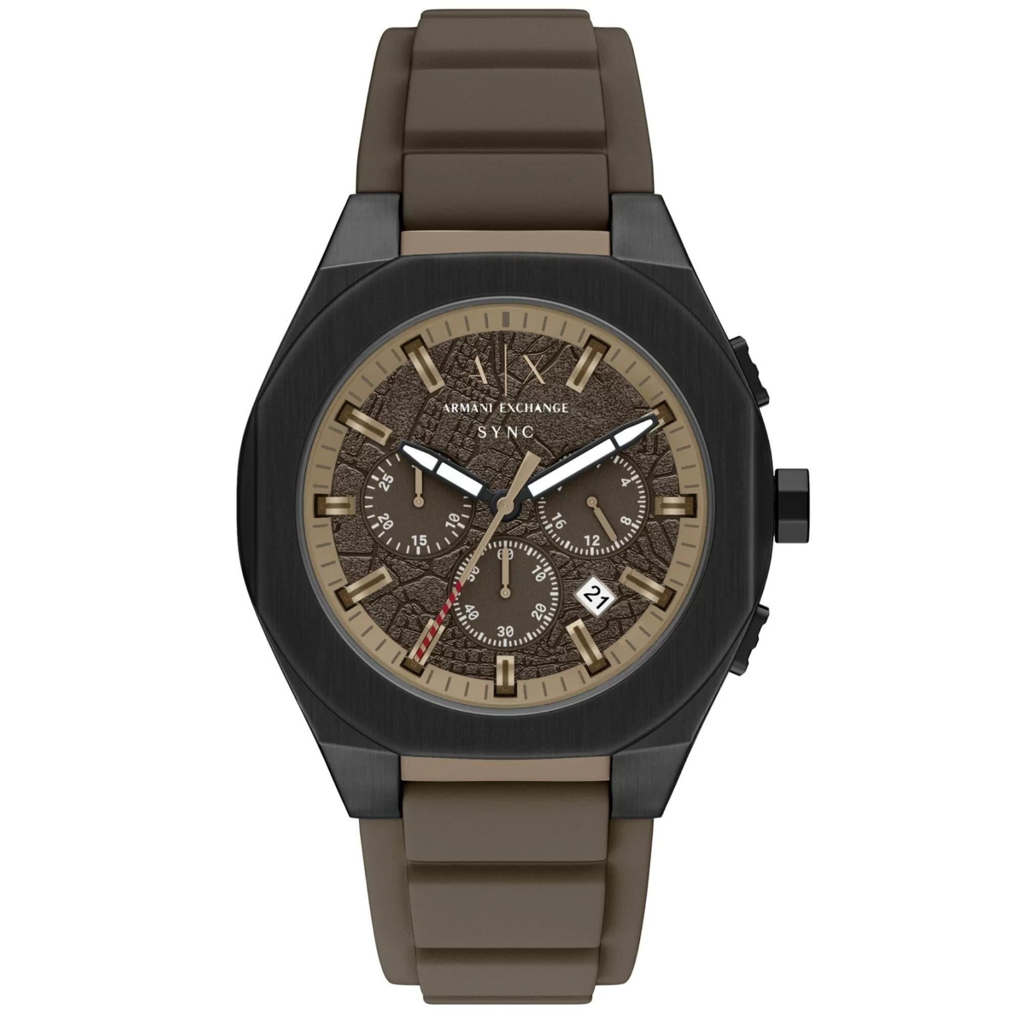 Armani Exchange Sync 44mm Chronograph Brown Dial Silicone Mens Quartz Watch AX4293