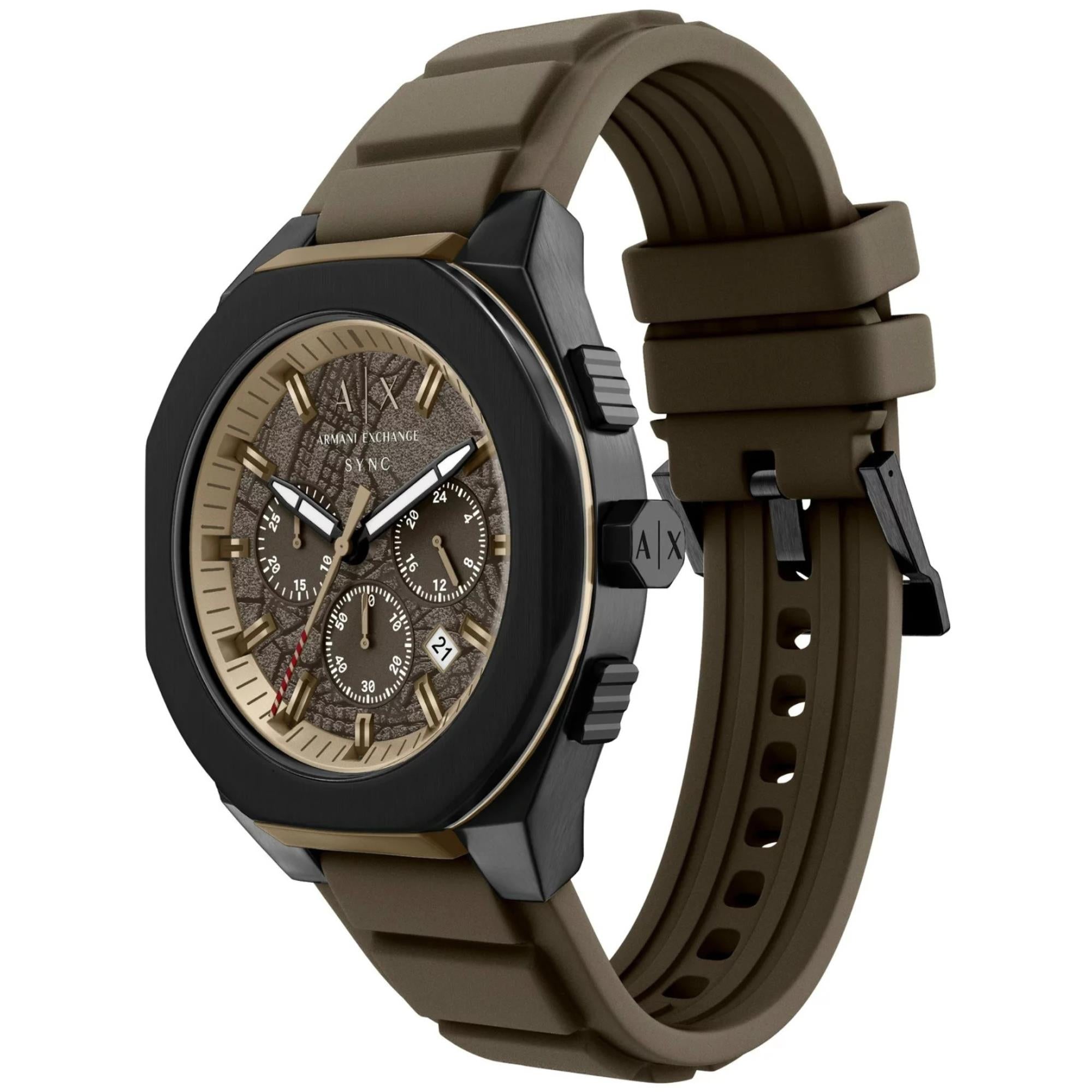 Armani Exchange Sync 44mm Chronograph Brown Dial Silicone Mens Quartz Watch AX4293