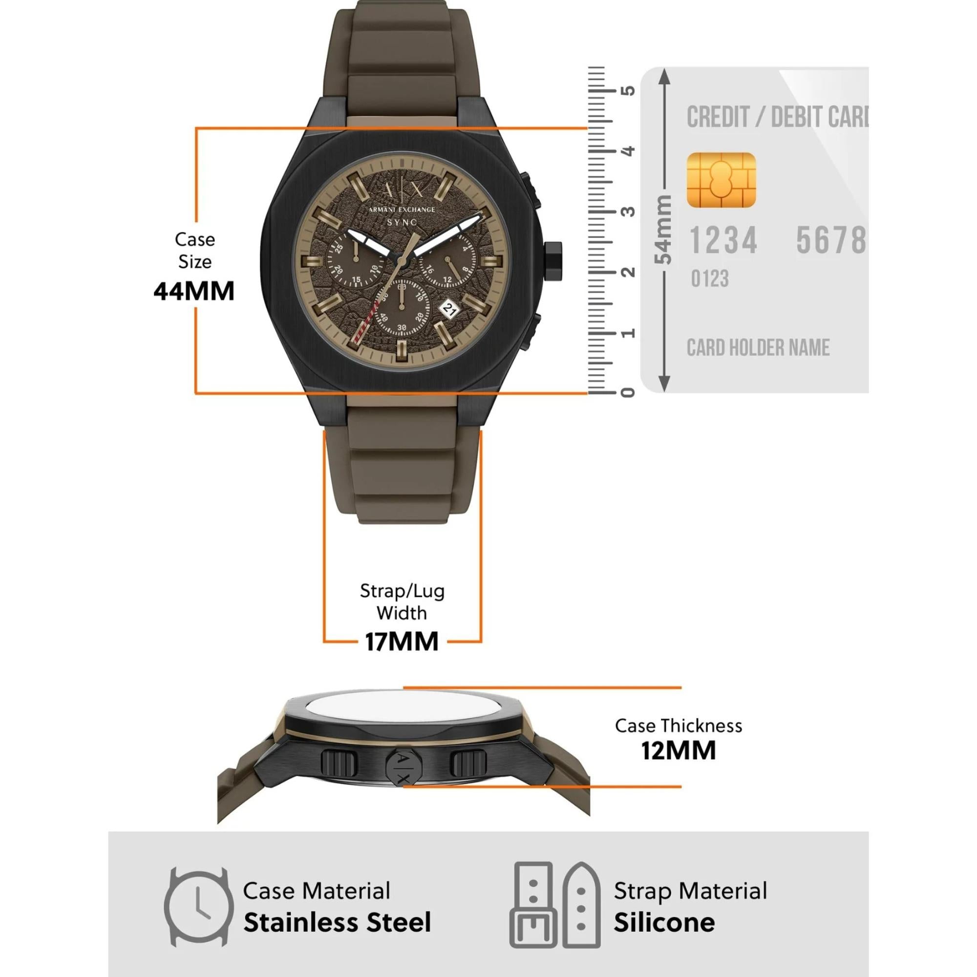 Armani Exchange Sync 44mm Chronograph Brown Dial Silicone Mens Quartz Watch AX4293