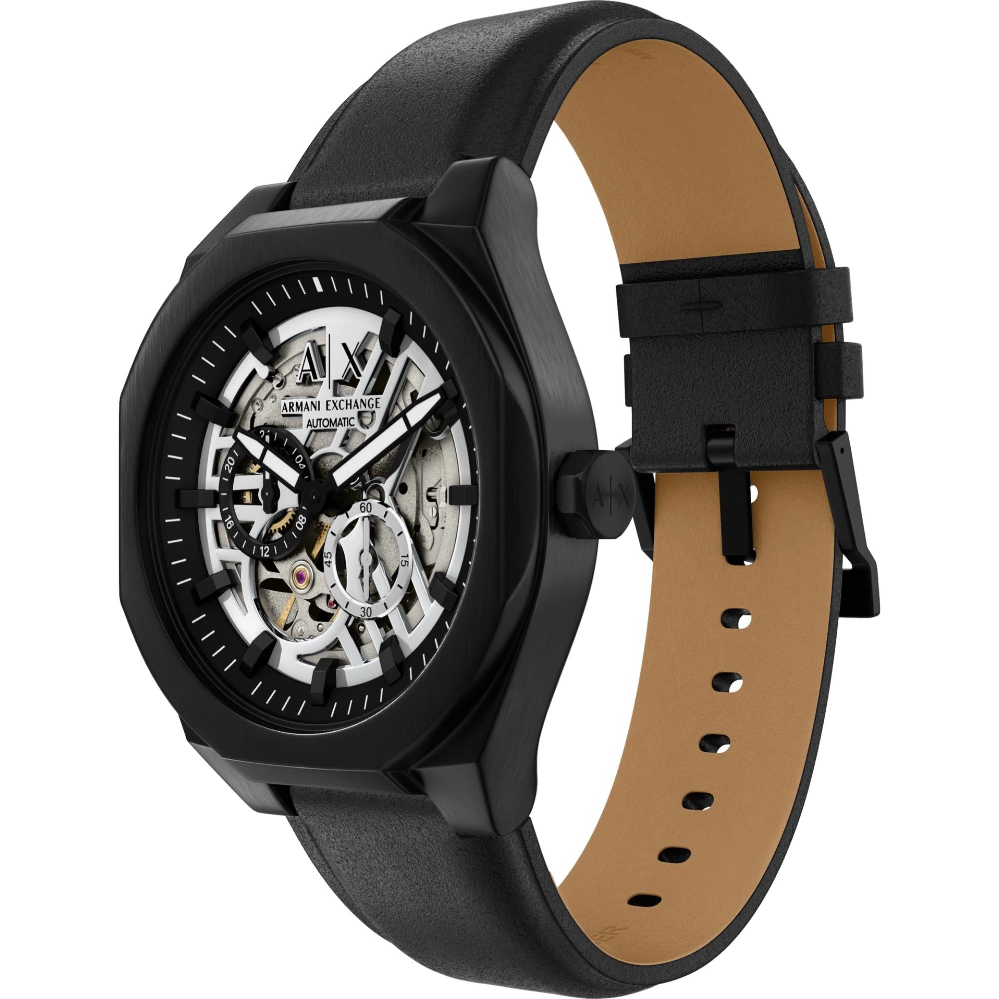 Armani Exchange Sync 44mm Skelett Silbernes Zifferblatt Leder Herren Quarz Uhr AX4297