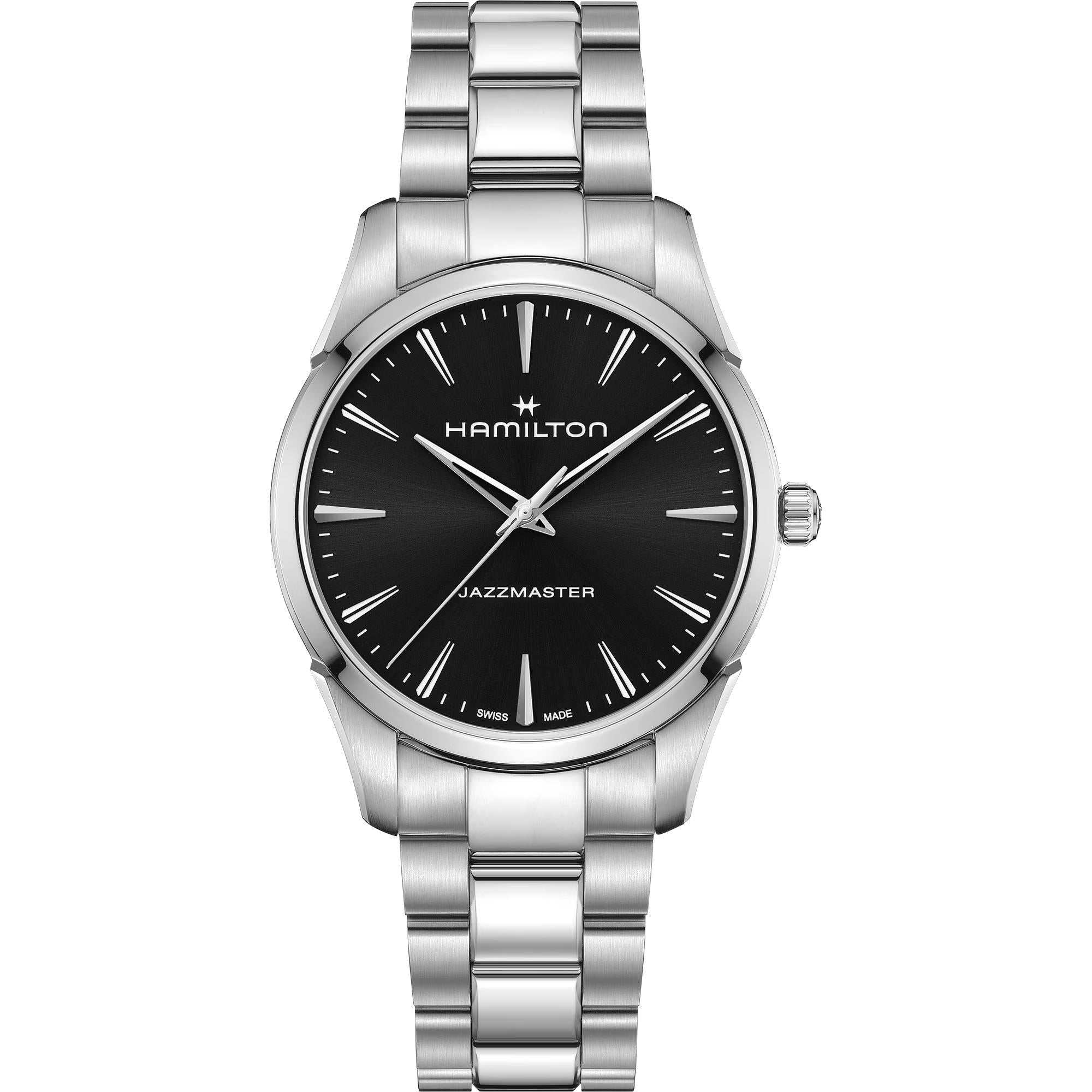 Hamilton Jazzmaster 40mm black dial steel bracelet quartz watch H32461131 front view