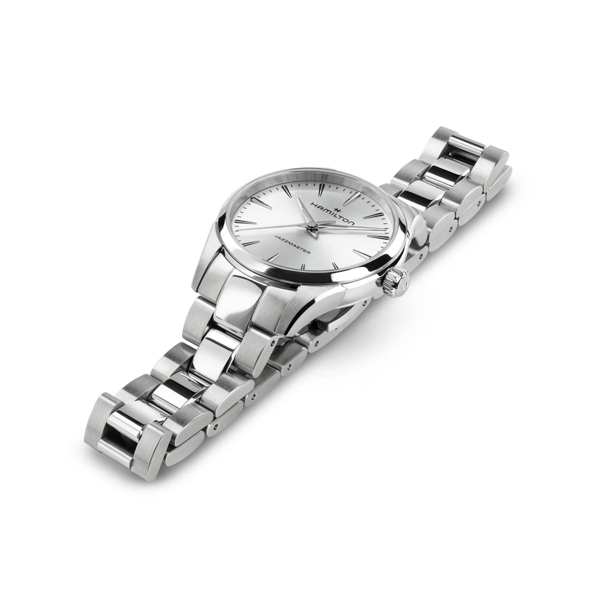 Hamilton Jazzmaster watch with a silver dial and stainless steel bracelet