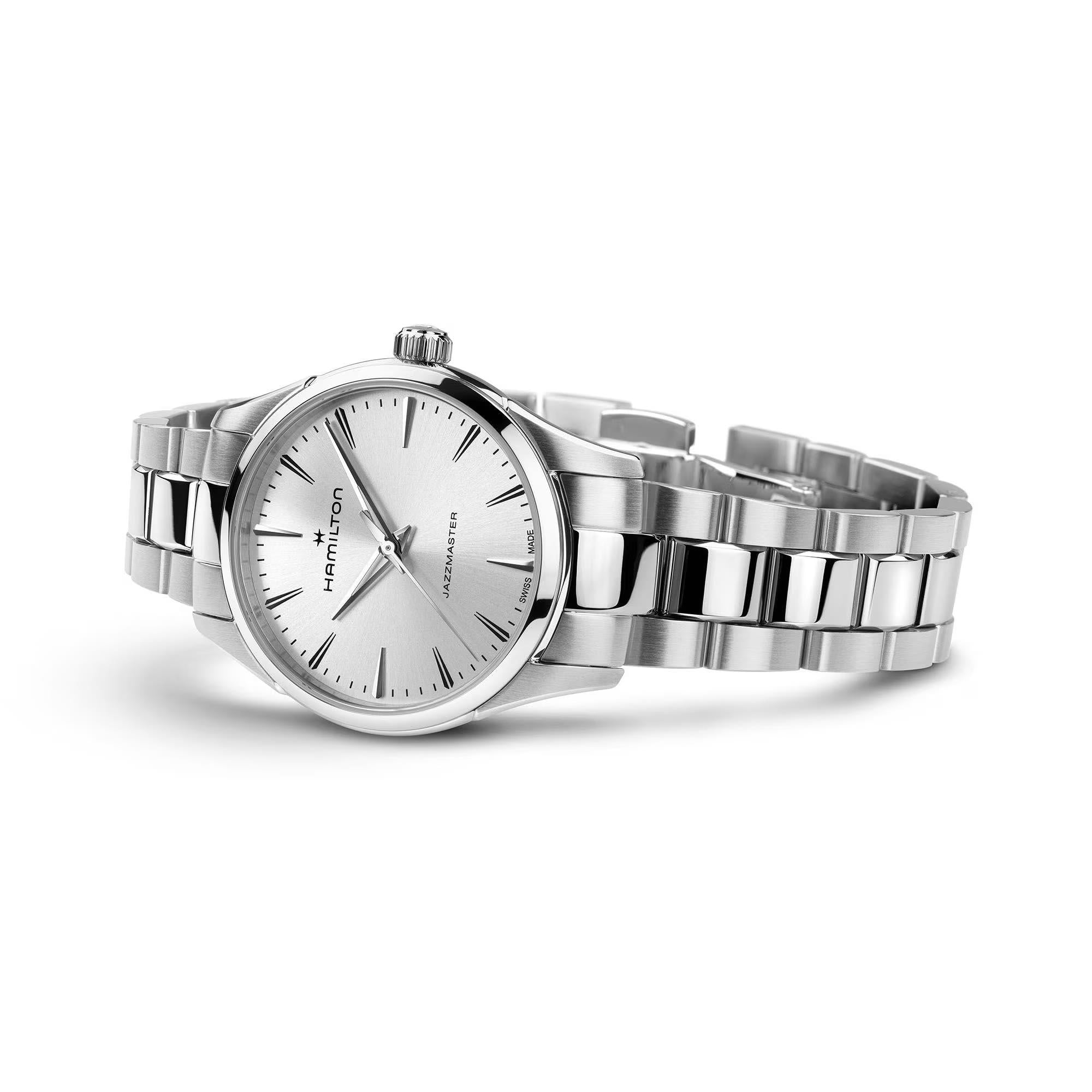Hamilton Jazzmaster watch with a silver dial and stainless steel bracelet