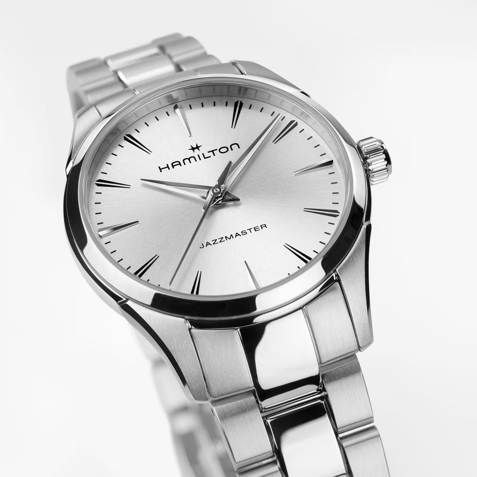 Hamilton H32301181 silver sunray dial with applied indices and Dauphine hands close-up