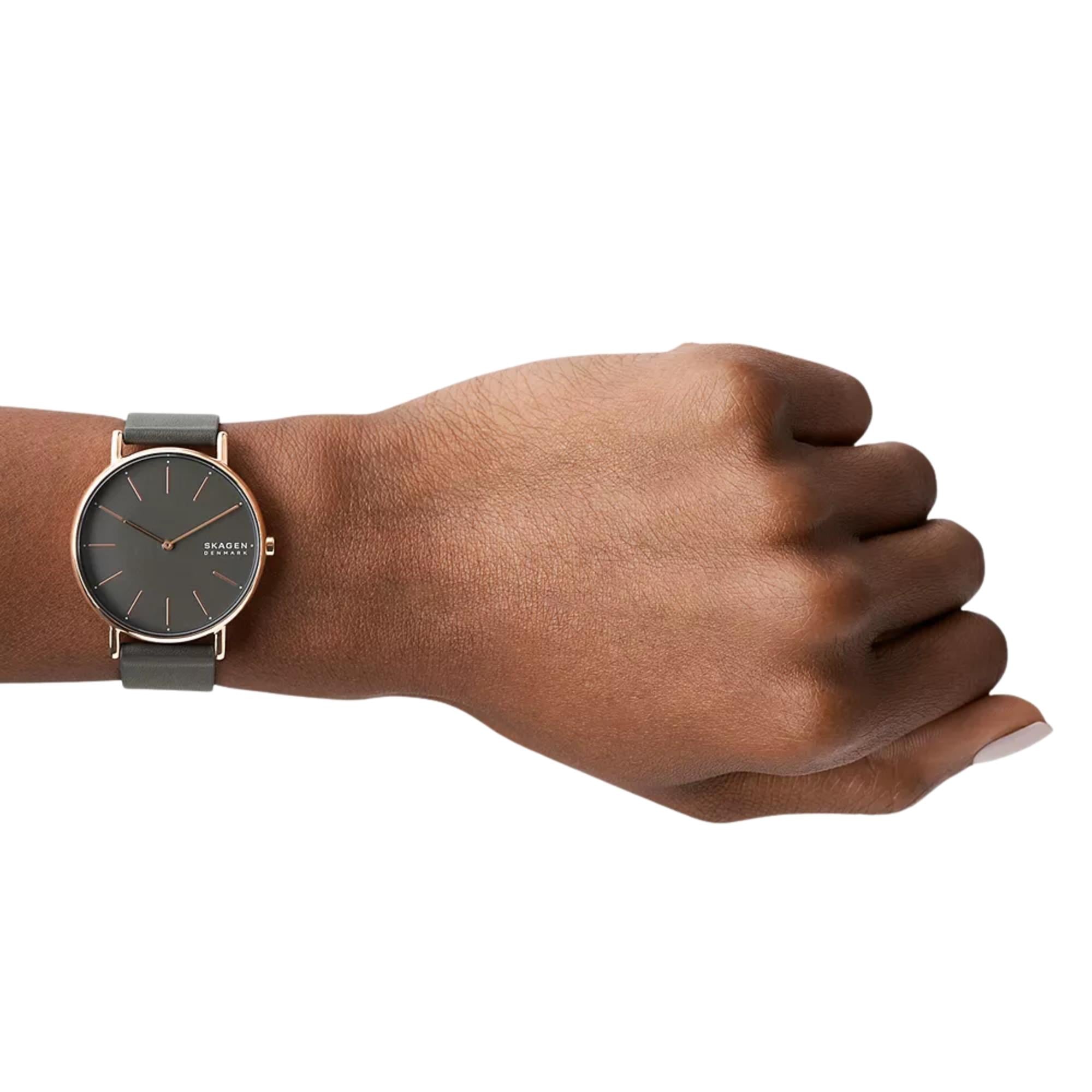 Skagen Signatur 38mm Charcoal Dial Leather Ladies Quartz Watch SKW2794