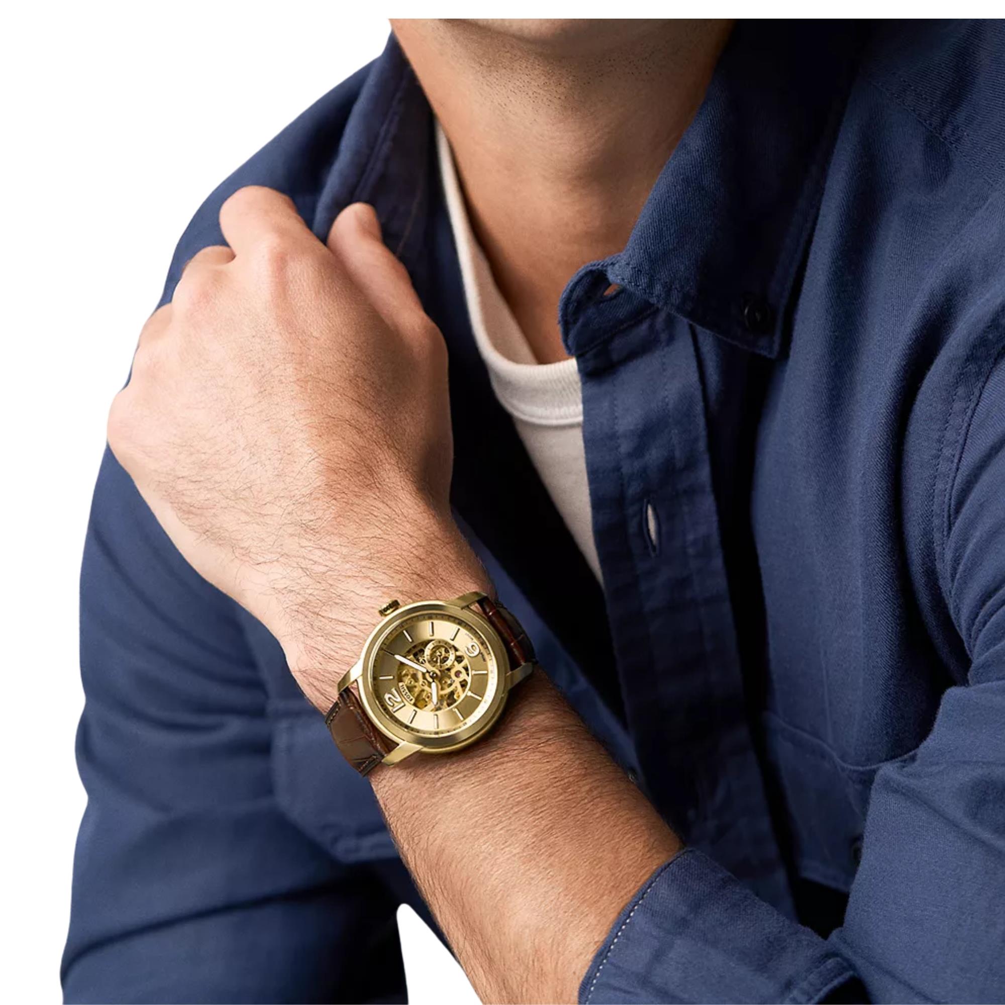 Fossil Heritage 44mm Gold Zifferblatt Leder Herren Automatik Uhr ME3279