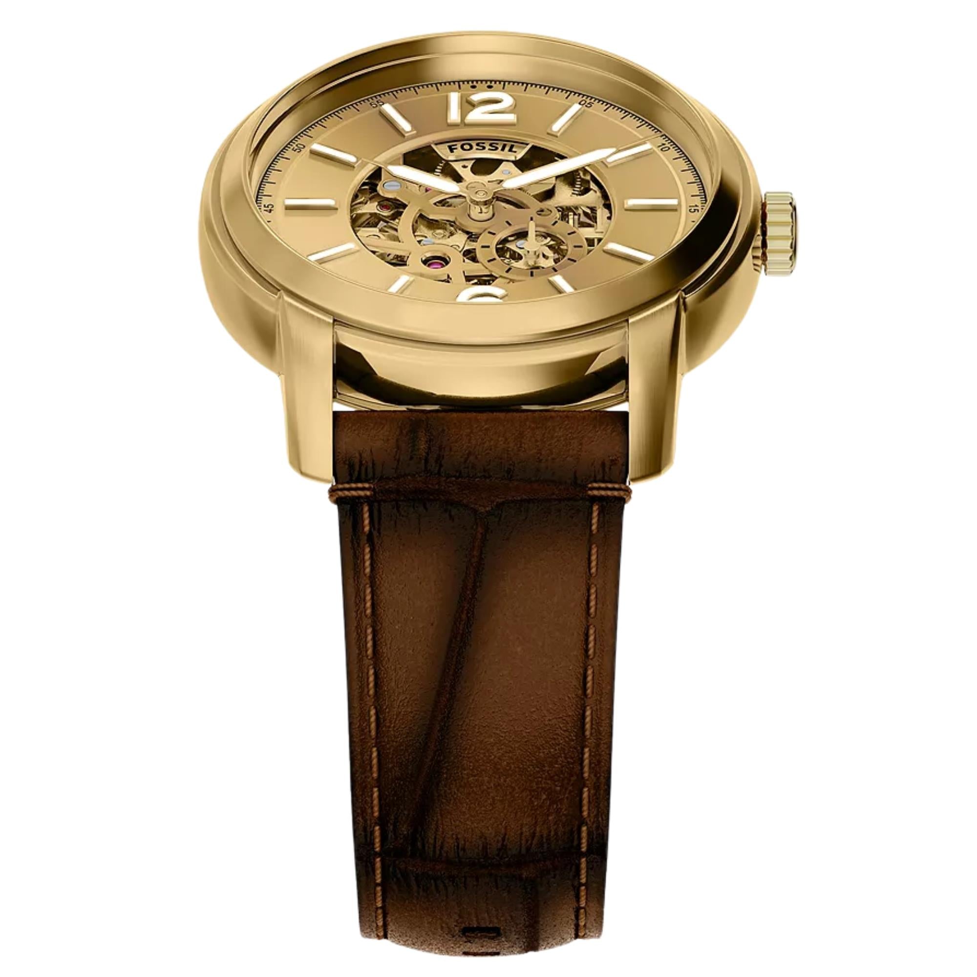 Fossil Heritage 44mm Gold Zifferblatt Leder Herren Automatik Uhr ME3279