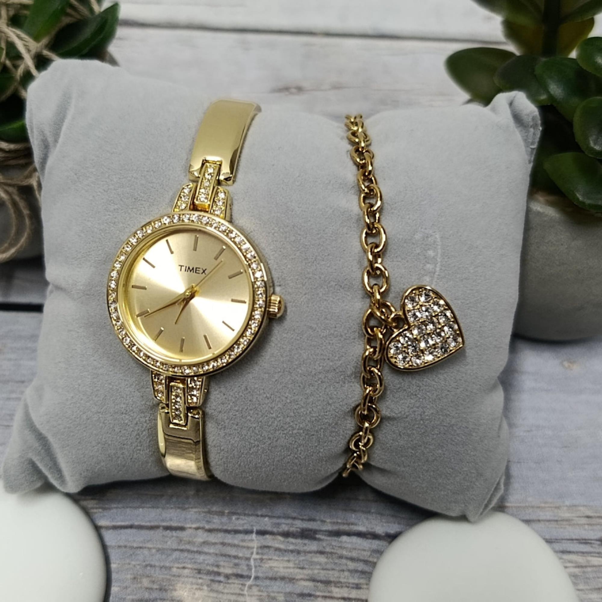 Timex Trend 28mm Gold Dial Steel Ladies Quartz Set Watch TWG067900