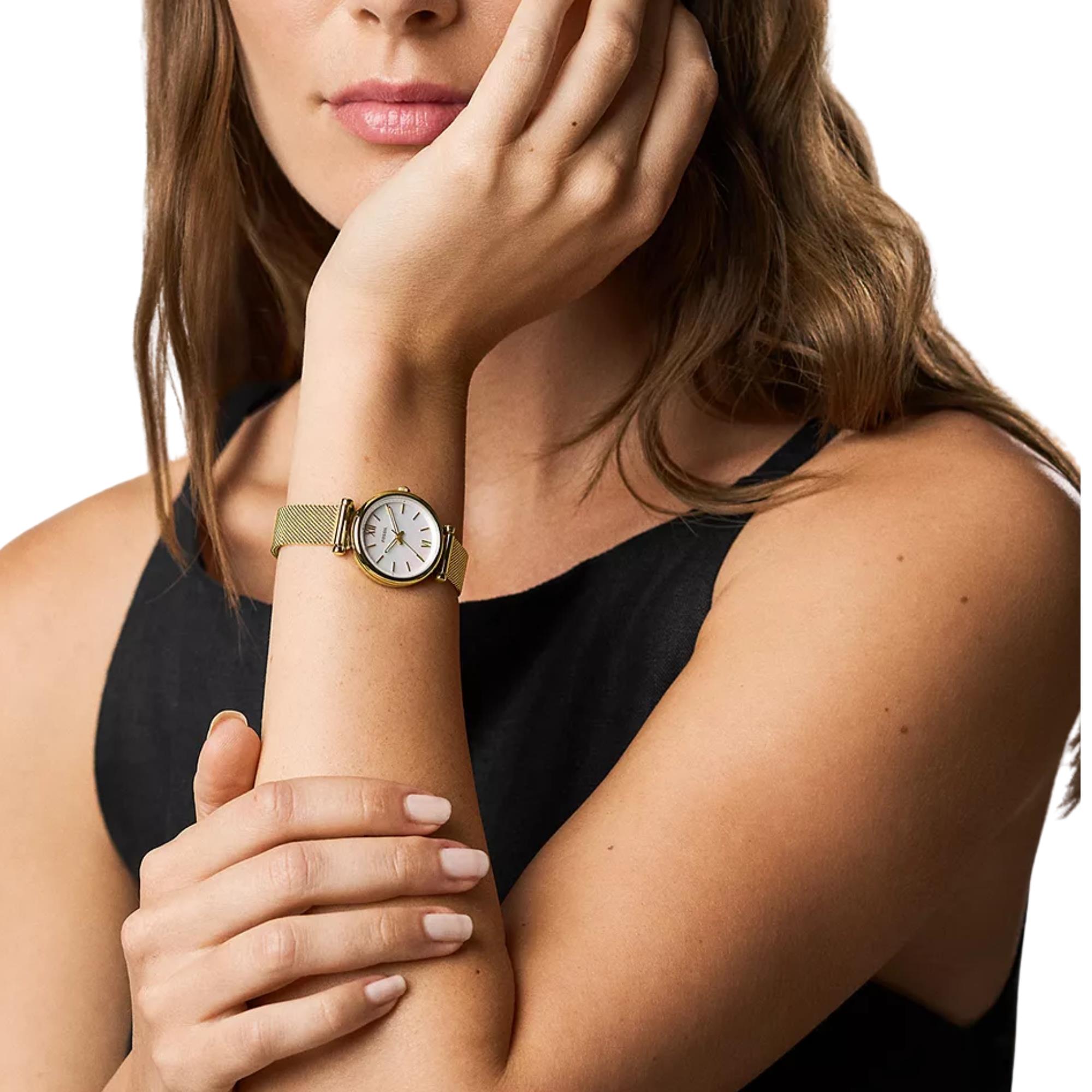 Fossil Carlie 28mm Mother of Pearl Dial Steel Ladies Quartz Watch ES5462