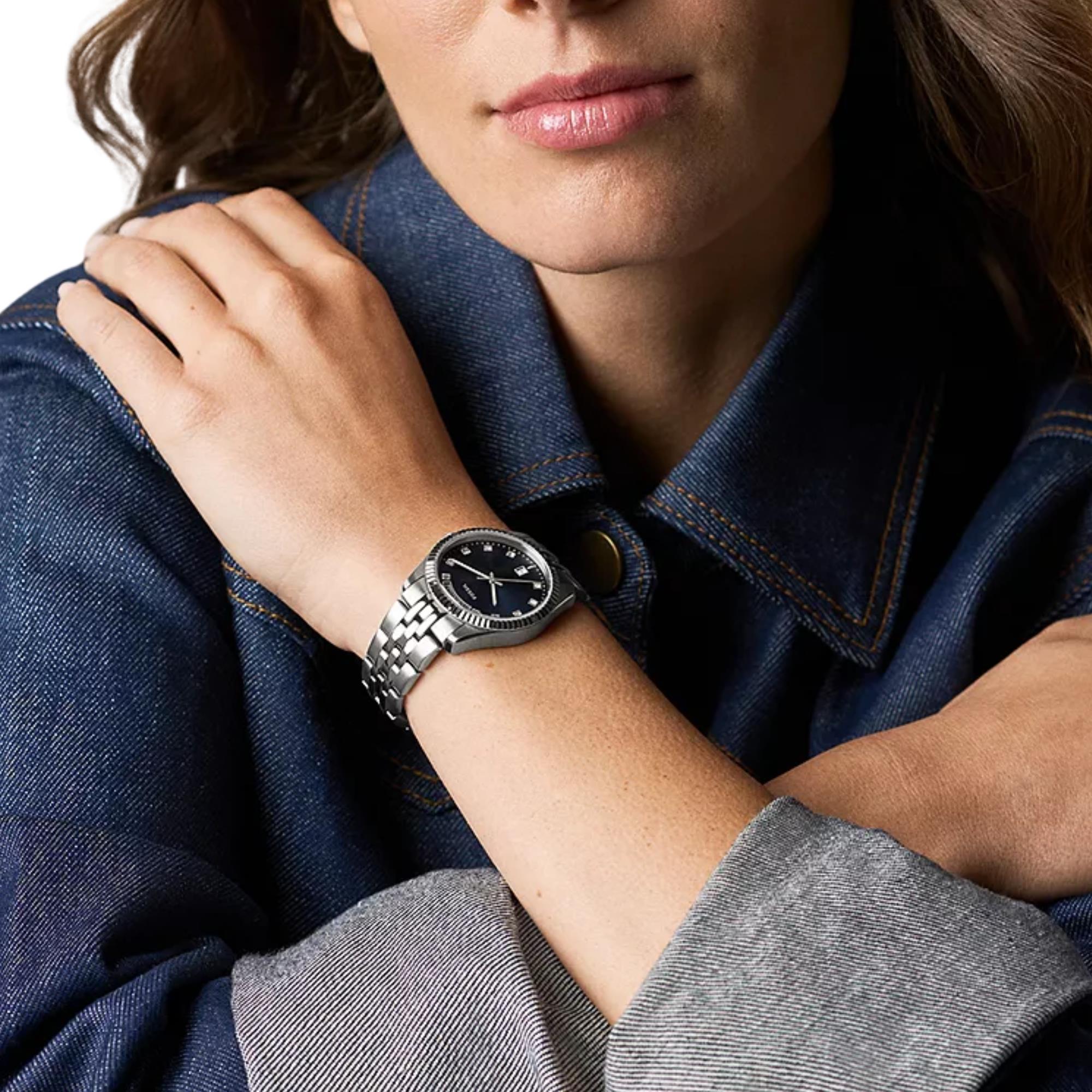 Fossil Scarlette 34mm Blue Dial Steel Ladies Quartz Watch ES5457