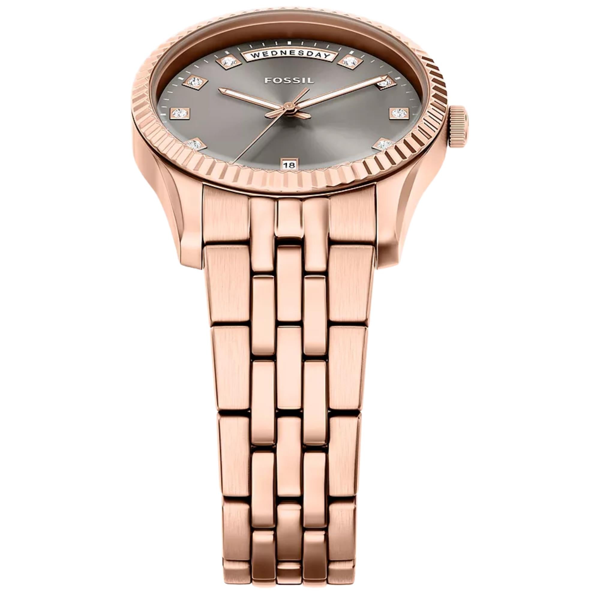 Fossil Scarlette 34mm Grey Dial Steel Ladies Quartz Watch ES5459