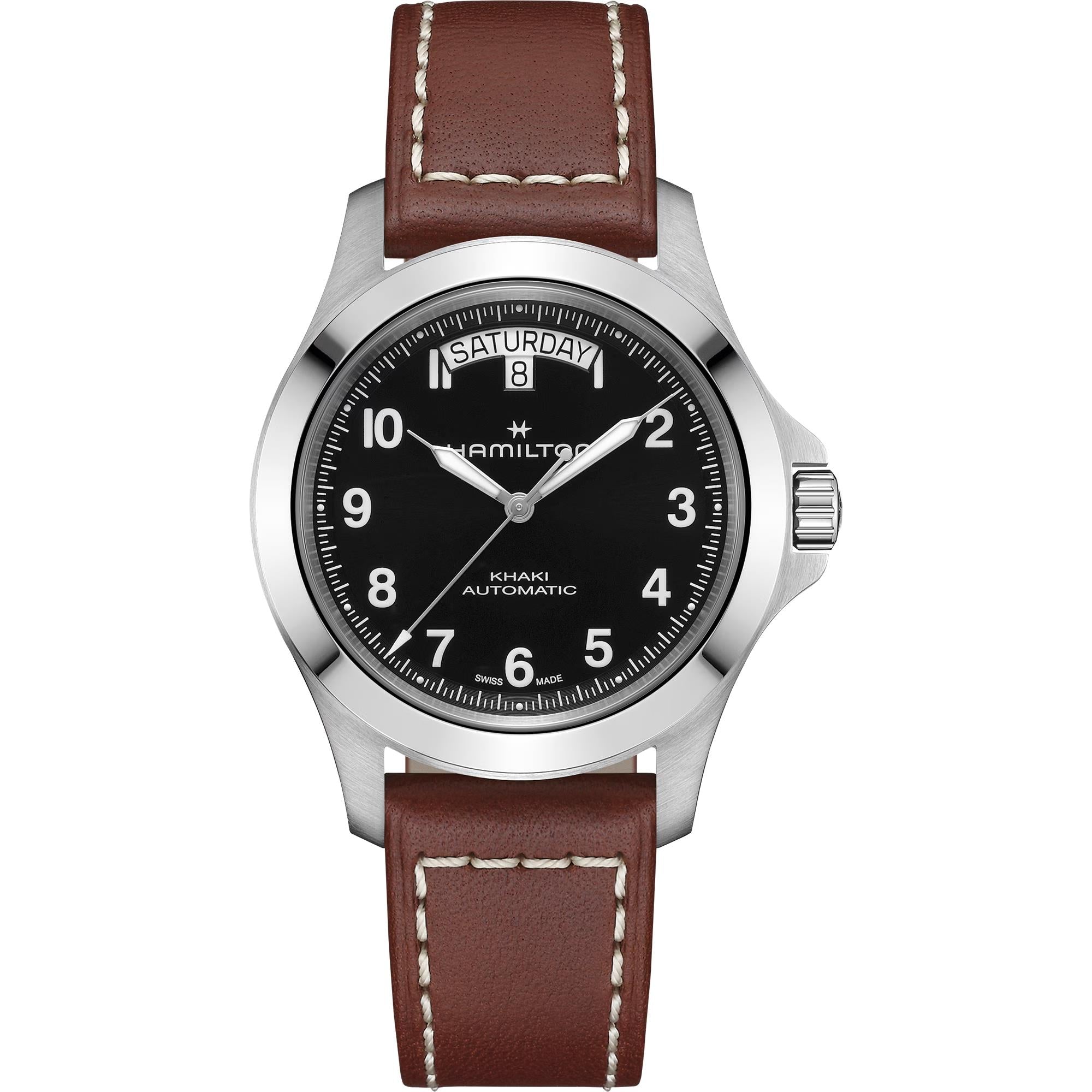 Hamilton Khaki Field King black dial leather day date automatic watch H64475531 front view
