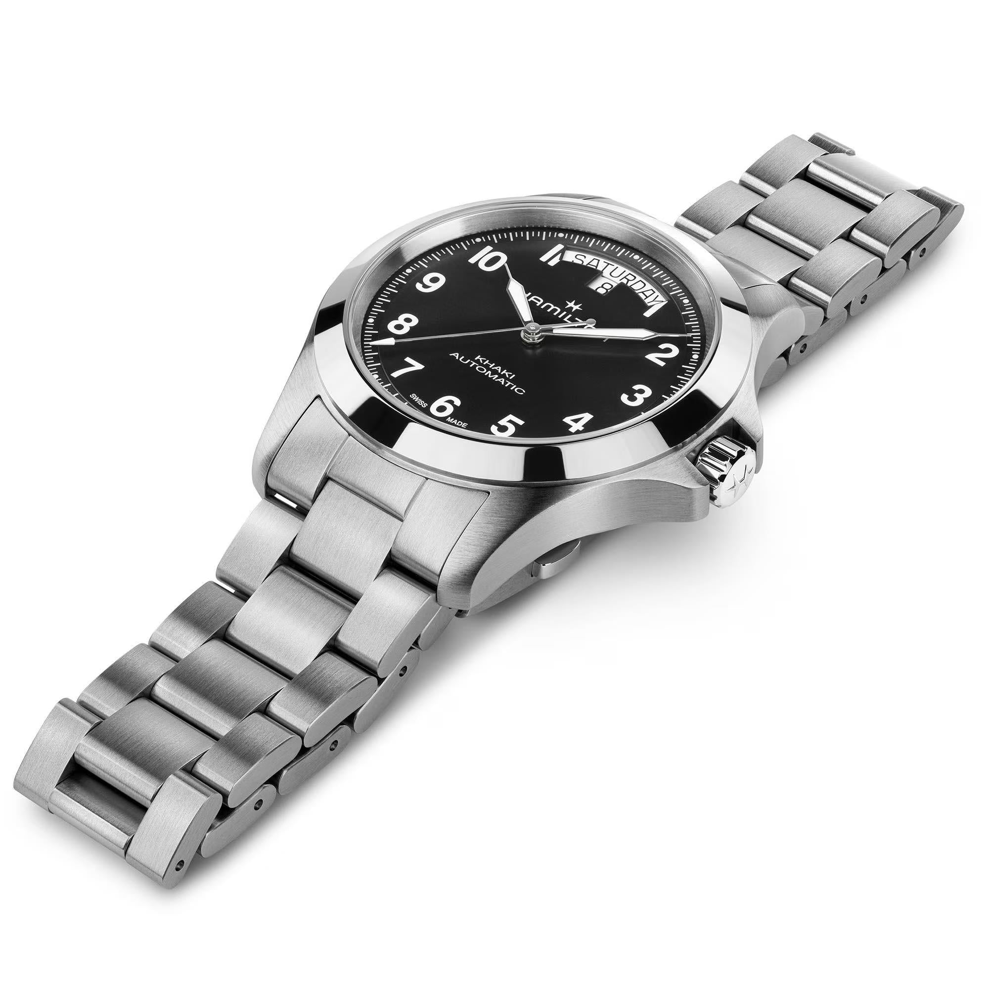 Hamilton Khaki Field H64475131 40mm black day date dial and steel bracelet detail