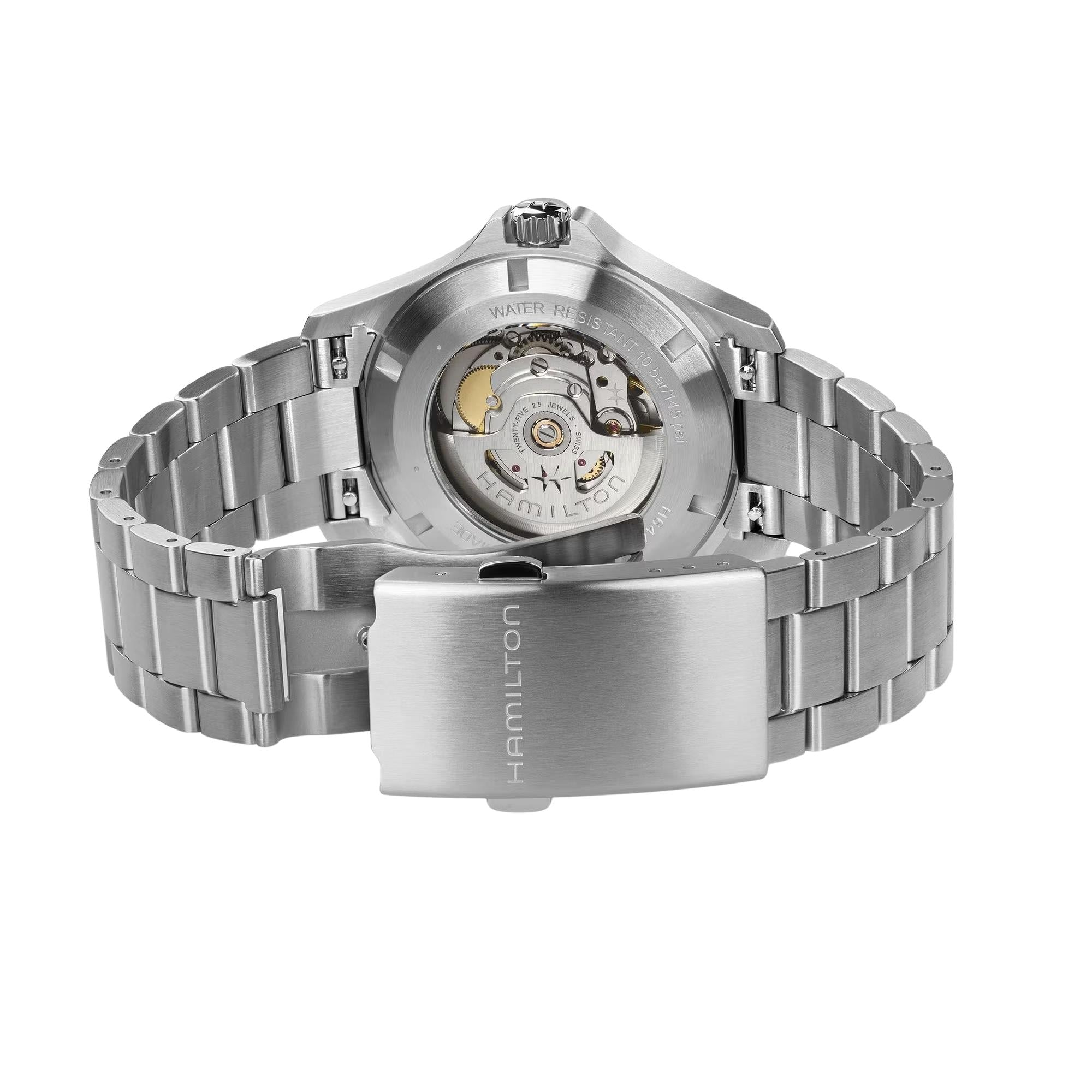Hamilton Khaki Field H64475131 exhibition caseback revealing H-40 movement and a folding clasp detail
