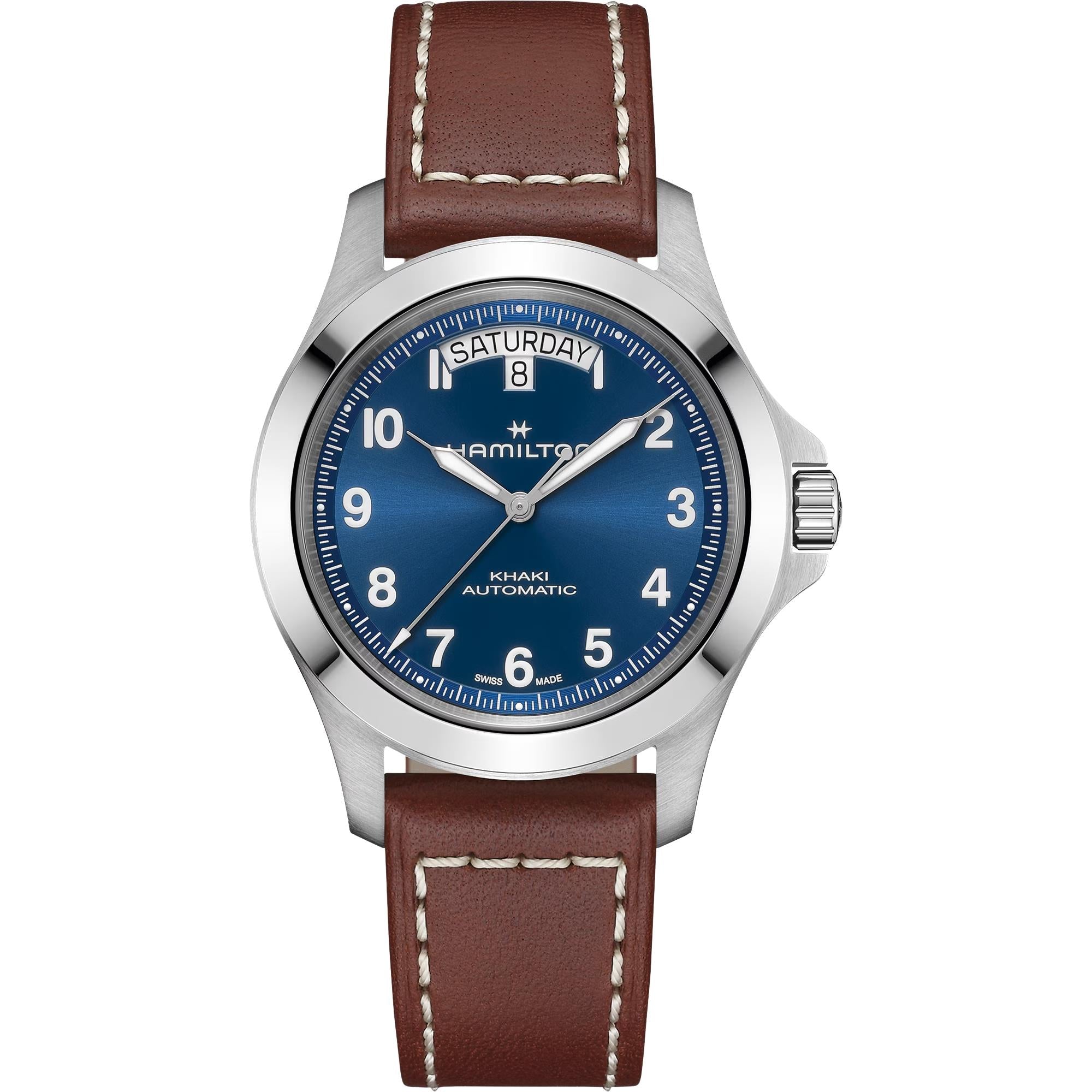 Hamilton Khaki Field King 40mm blue sunray dial day-date brown leather automatic watch H64475540 front view