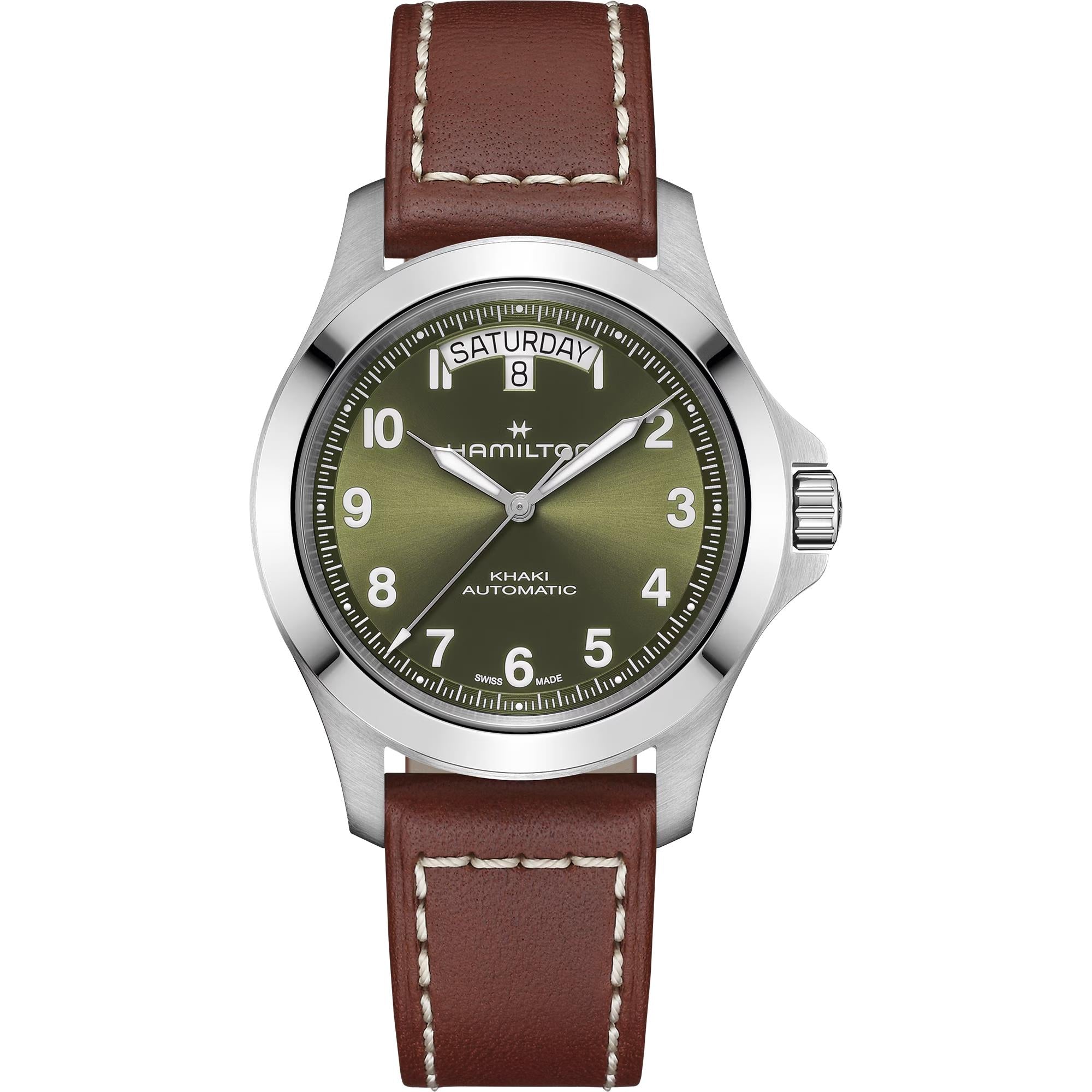 Hamilton Khaki Field King 40mm green sunray dial day-date brown leather automatic watch H64475560 front view