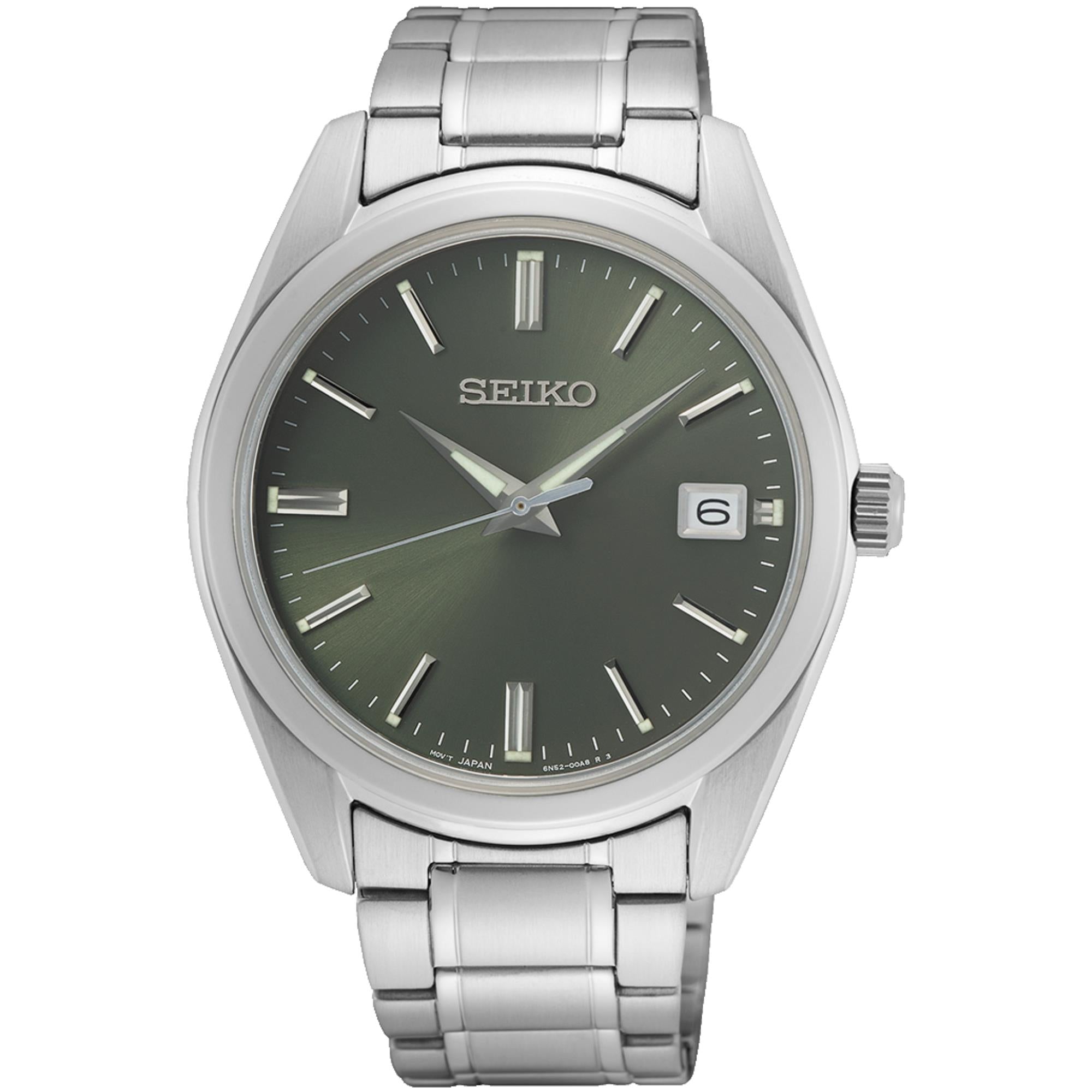 Seiko Essentials 40mm green sunburst dial steel quartz watch SUR527P1 front view