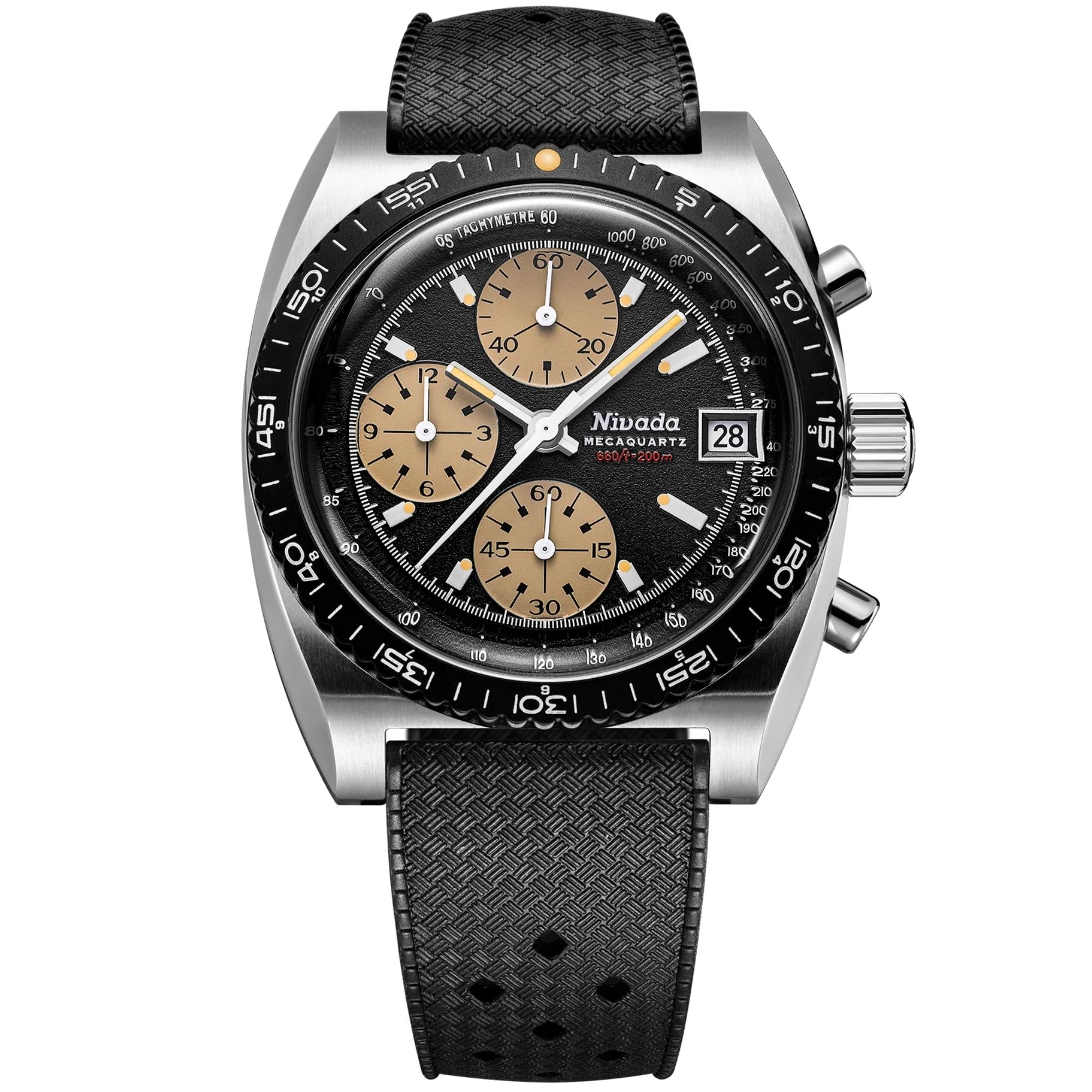 Nivada Grenchen Autochron Mecaquartz 38mm Chronograph Matt Schwarzes Gummi Herren Quarz Uhr 77001Q01