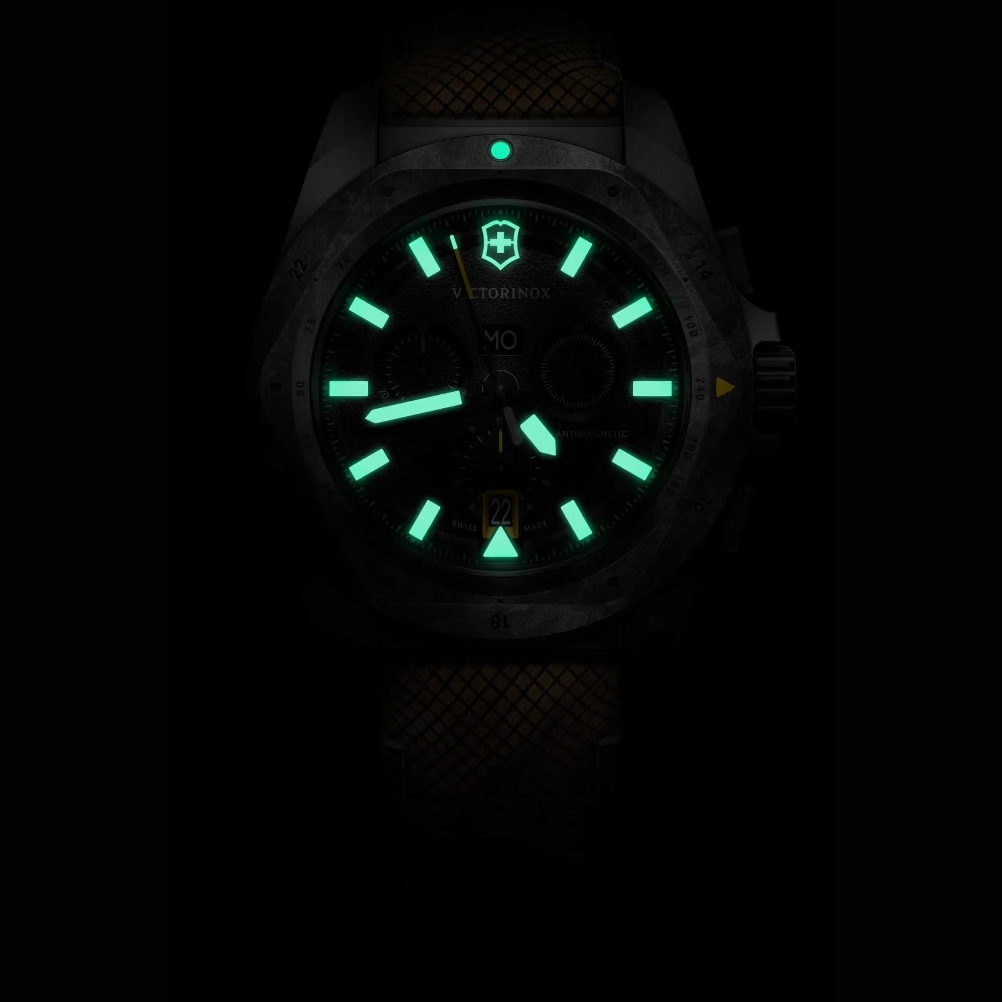 Victorinox I.N.O.X. 241988.1 chronograph sub-dials and date display at dark