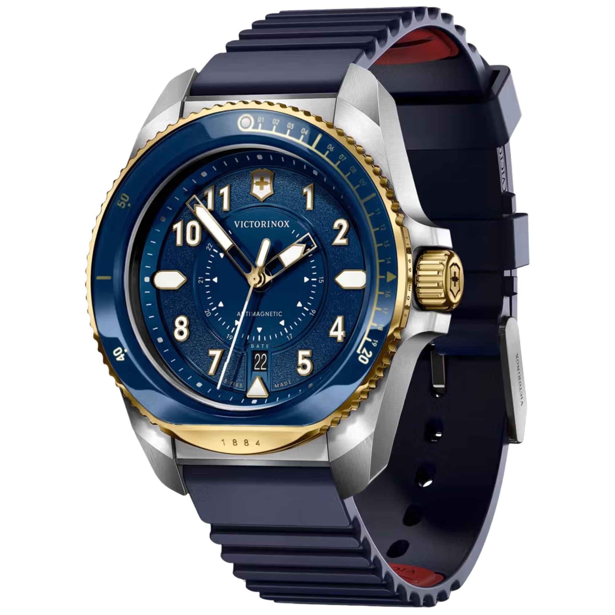 Victorinox 242013 blue grainy dial with date display and luminous hands close-up