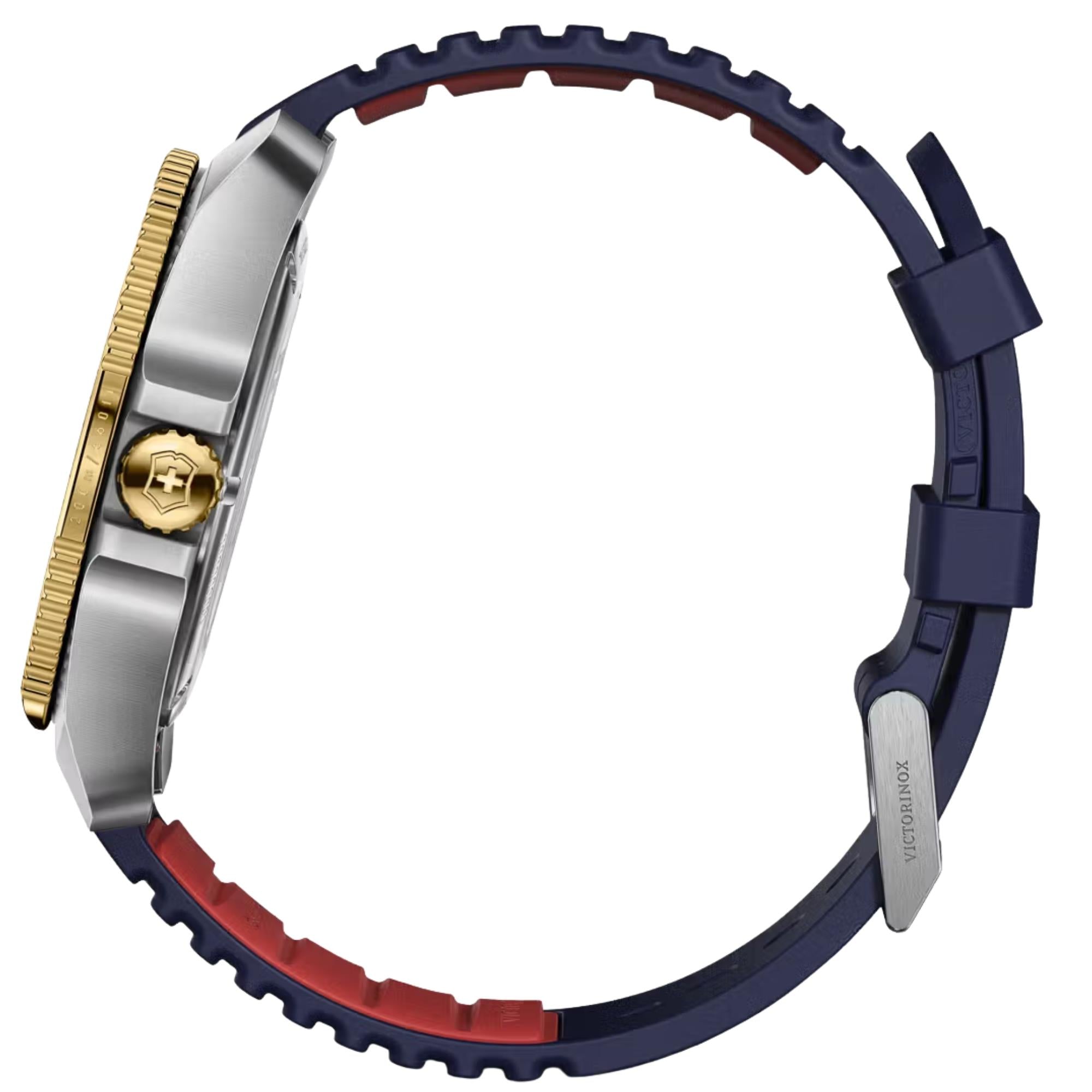 Victorinox 242013 blue rubber strap and pin buckle detail side profile