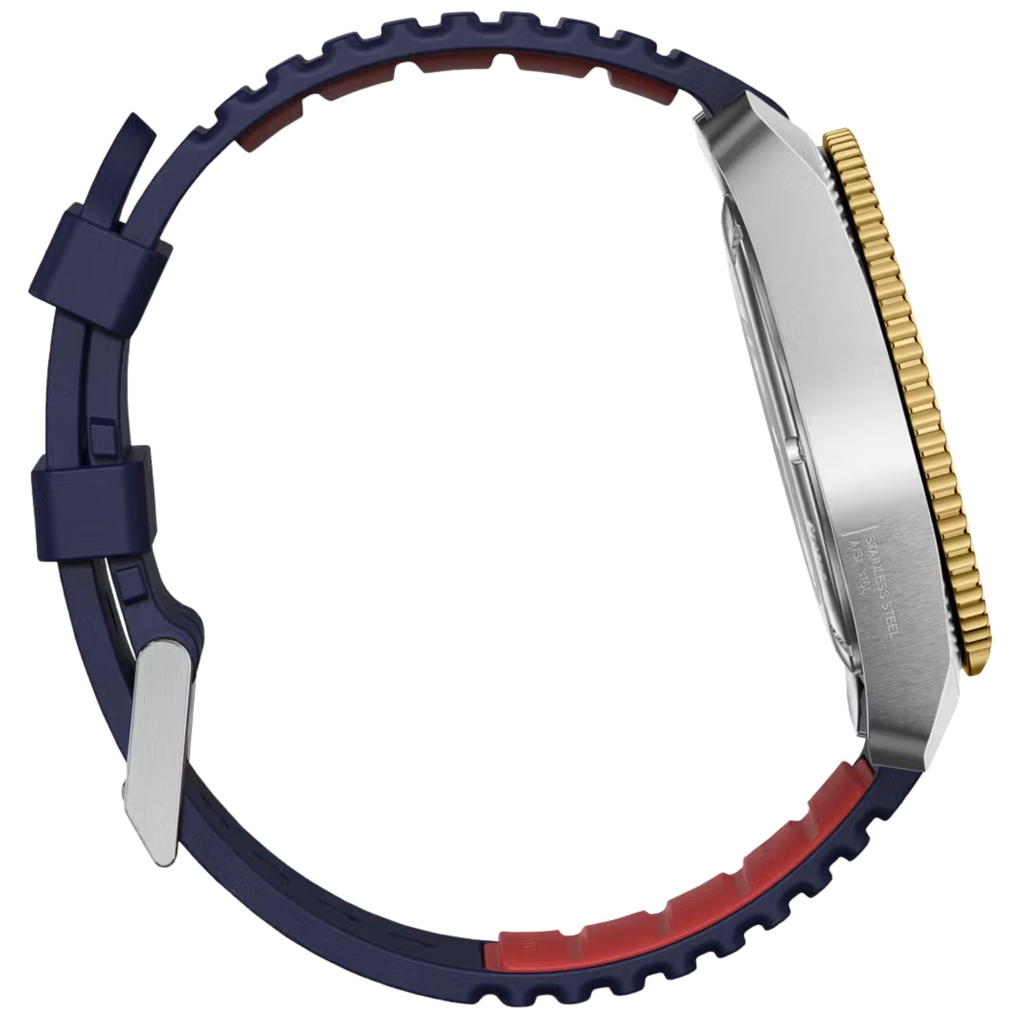 Victorinox 242013 blue rubber strap and pin buckle detail side profile
