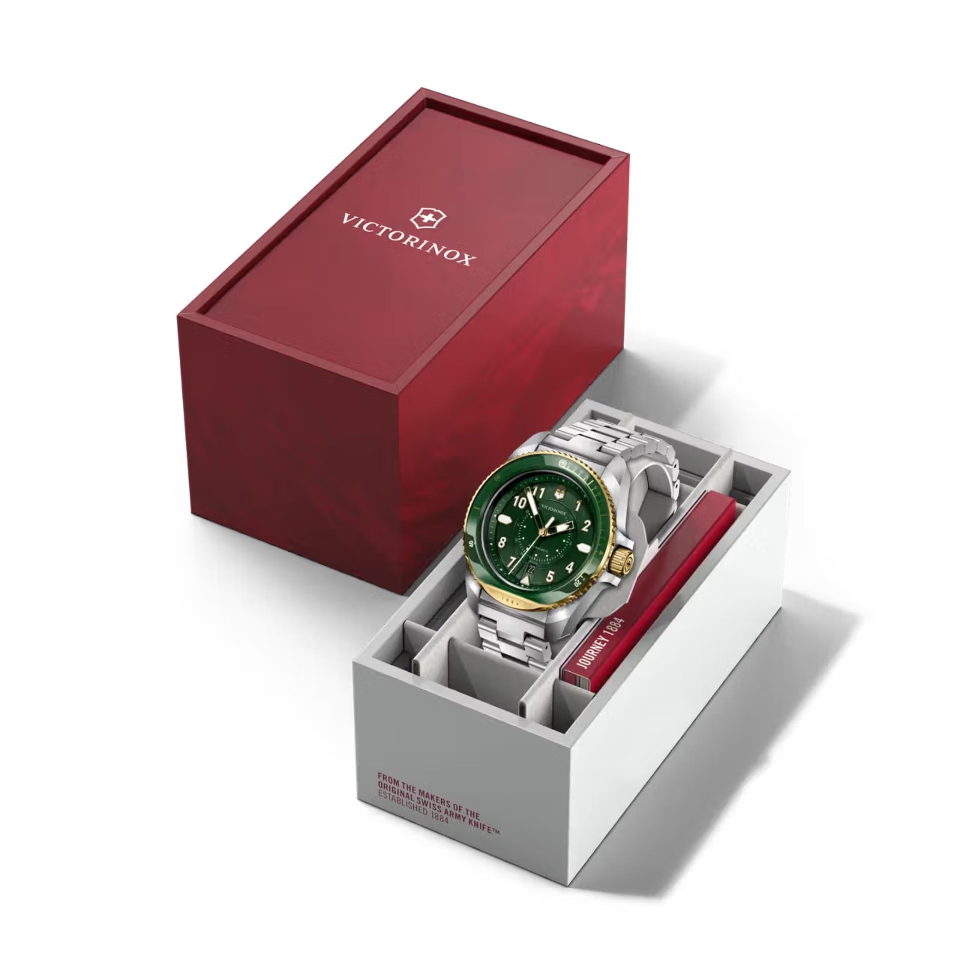 Victorinox Dive Pro 241995 automatic diver watch displayed in premium red and white gift box packaging