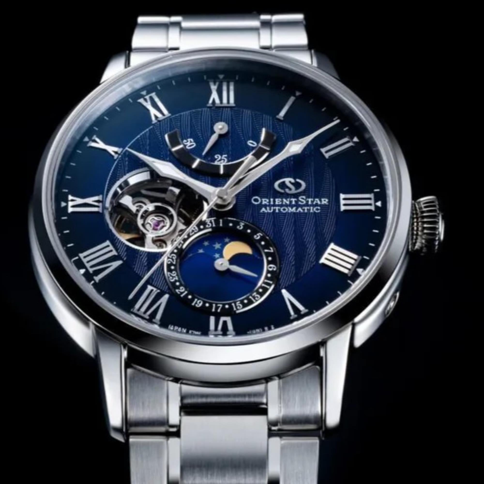 Orient Star RE-AY0103L00B Semi skeleton dial close-up