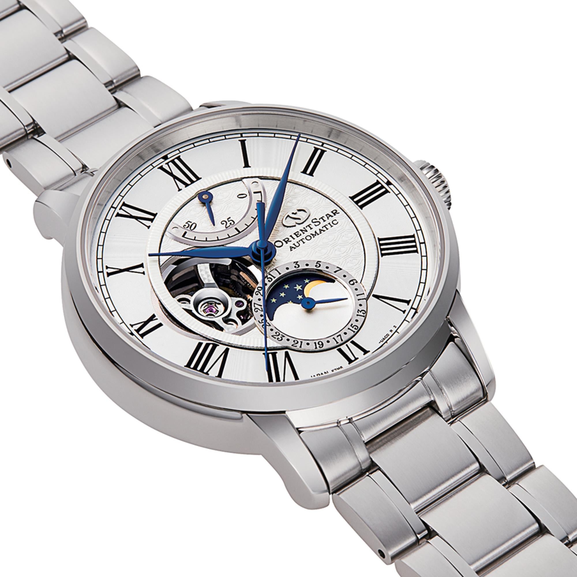 Orient Star Moon Phase 41mm Semi Skeleton White Dial Steel Mens Automatic Watch RE-AY0102S00B