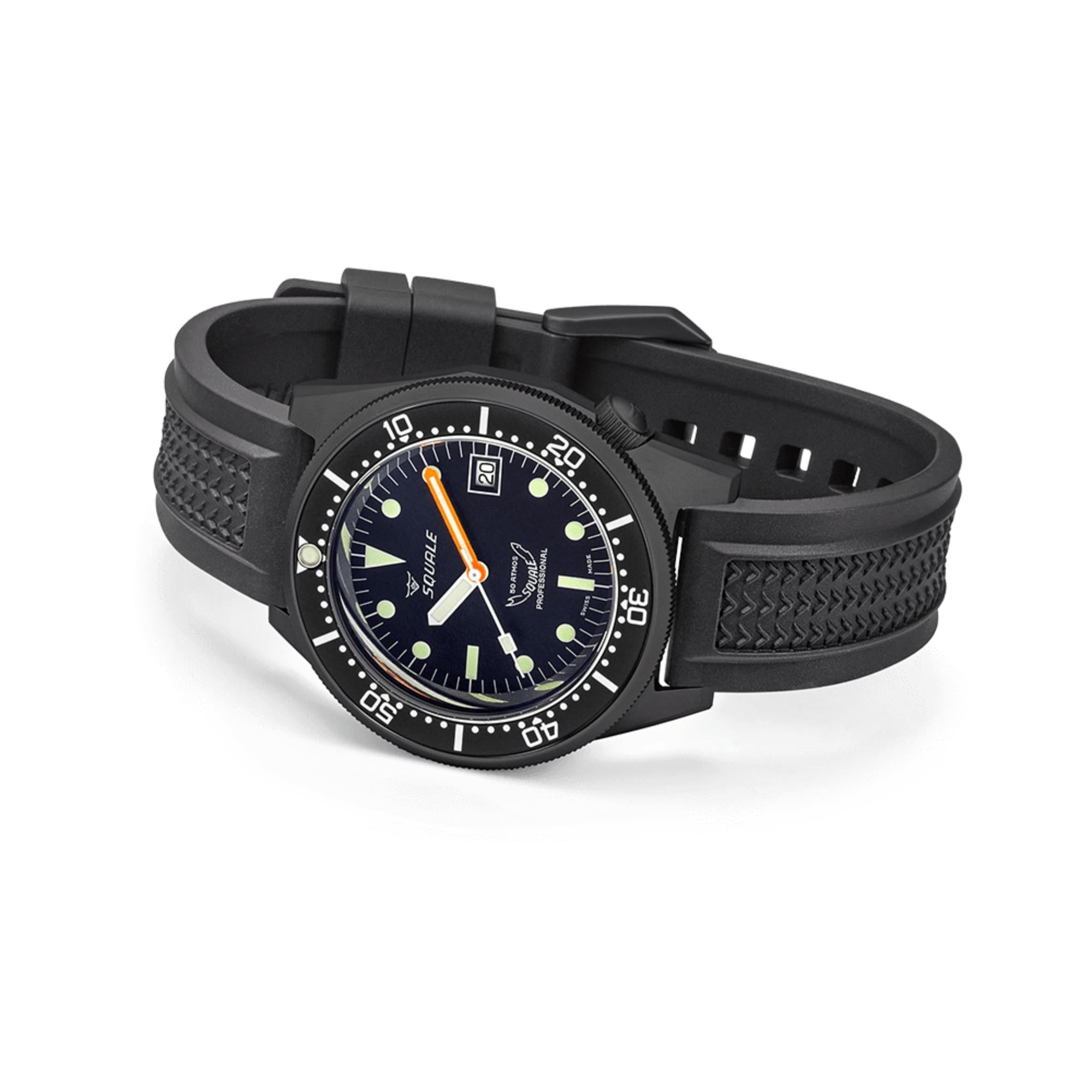 Squale 1521 DLC 42mm Schwarzes Zifferblatt Gummi Herren Automatik Uhr 1521DLCBK.VO