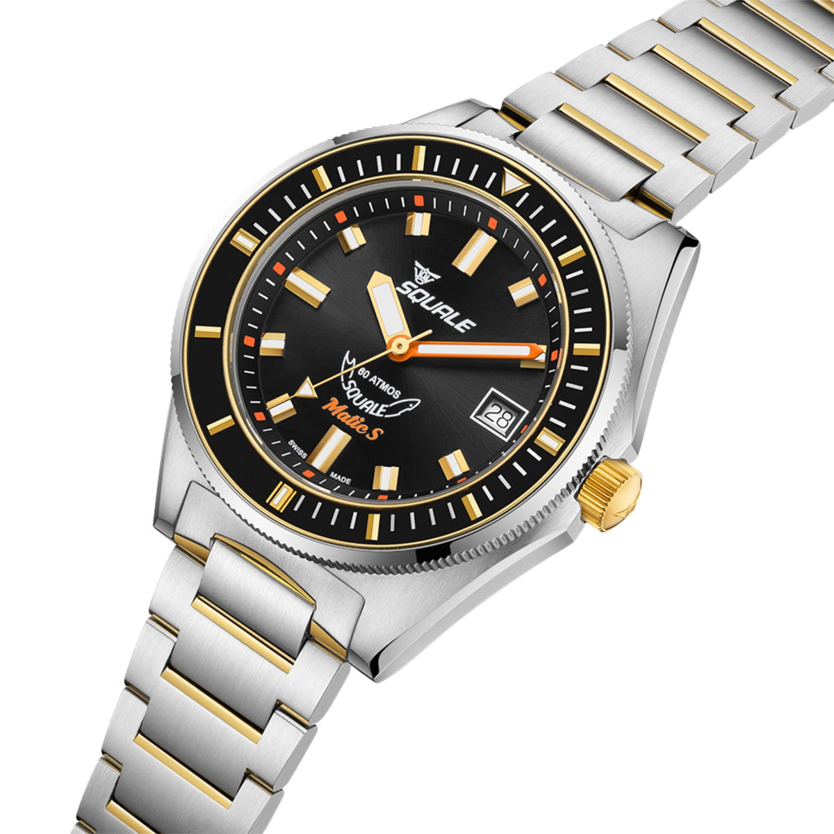Steel automatic watch with black dial, gold markers, date window, and gold-toned crown