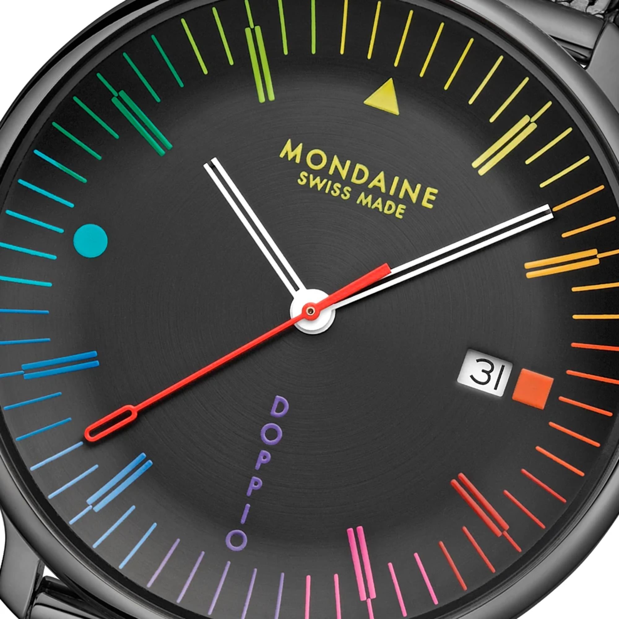 Mondaine Doppio Bauhaus Inspired 41mm Black Dial Steel Mens Quartz Watch MLE.41221.SM