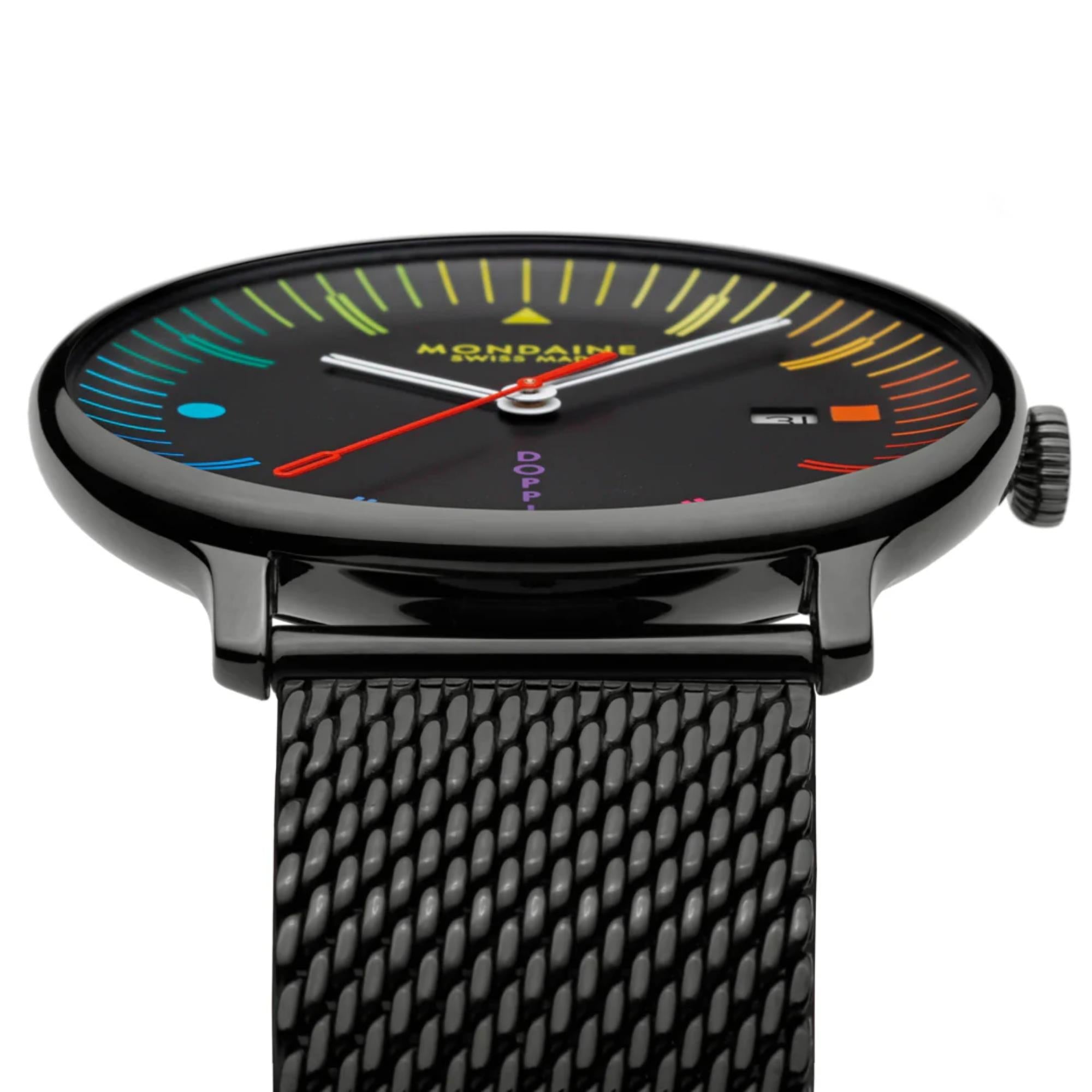 Mondaine Doppio Bauhaus Inspired 41mm Black Dial Steel Mens Quartz Watch MLE.41221.SM