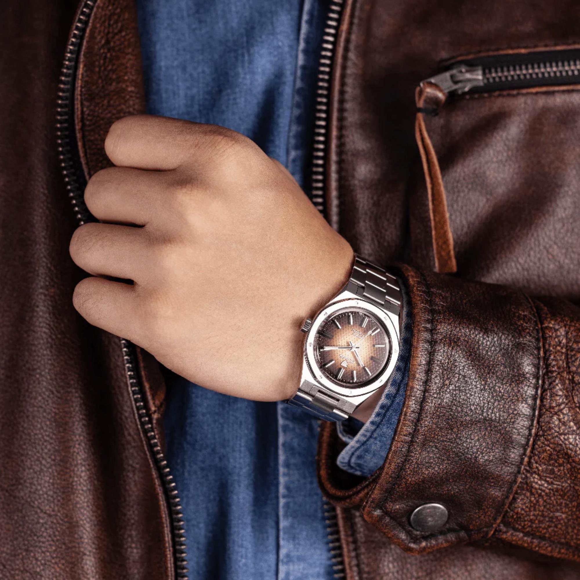 Nivada Grenchen F77 MK1 68002A77 brown smoked dial wrist shot view
