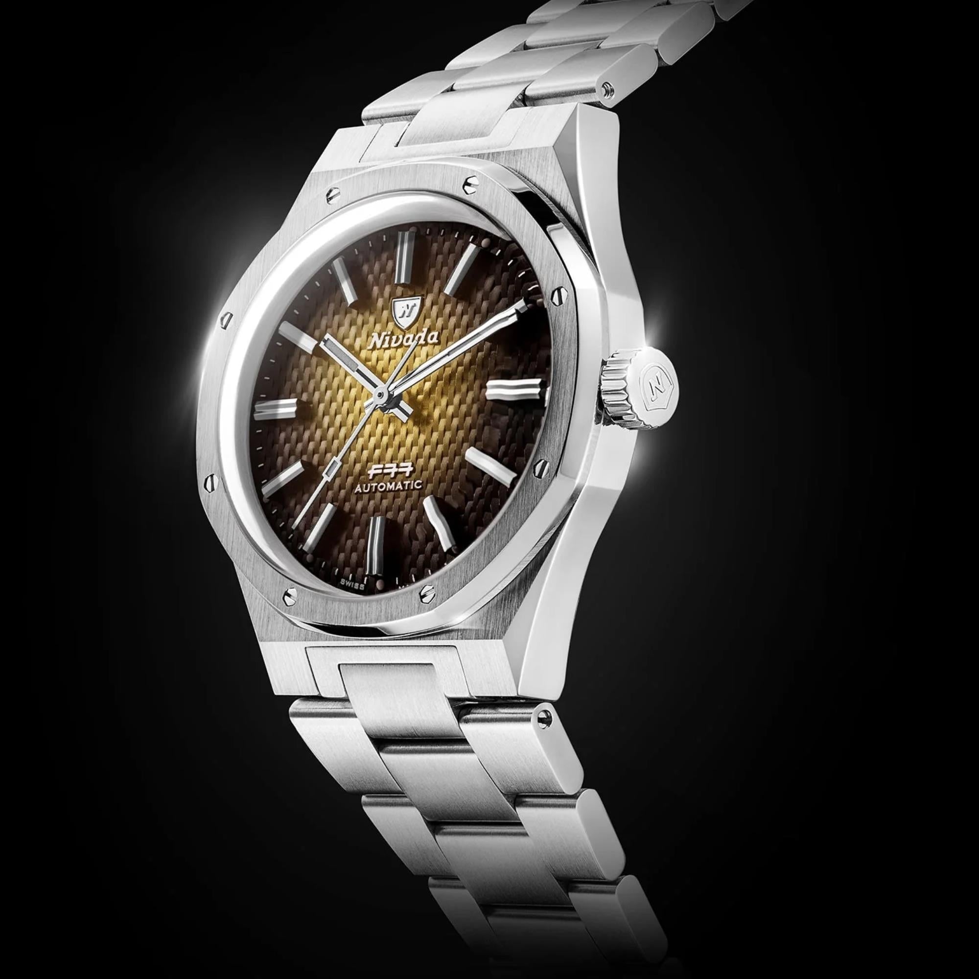 Nivada Grenchen F77 MK1 68002A77 three-quarters angled dramatic view