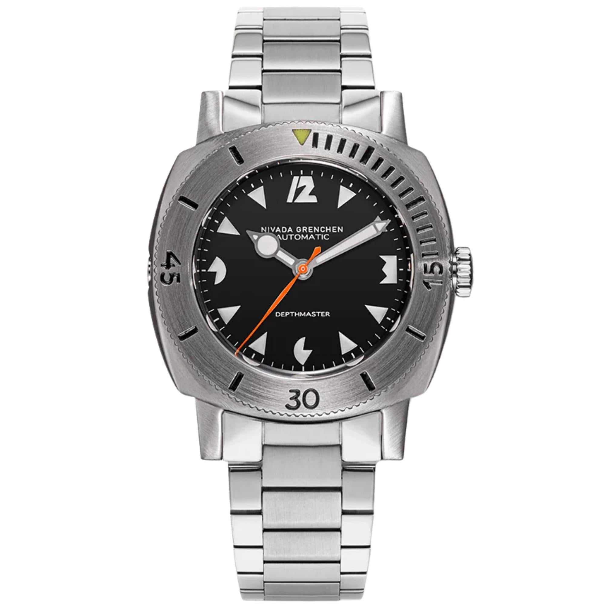 Nivada Grenchen Depthmaster 39mm White Art Deco Black Dial Steel Mens Automatic Watch 14102A20