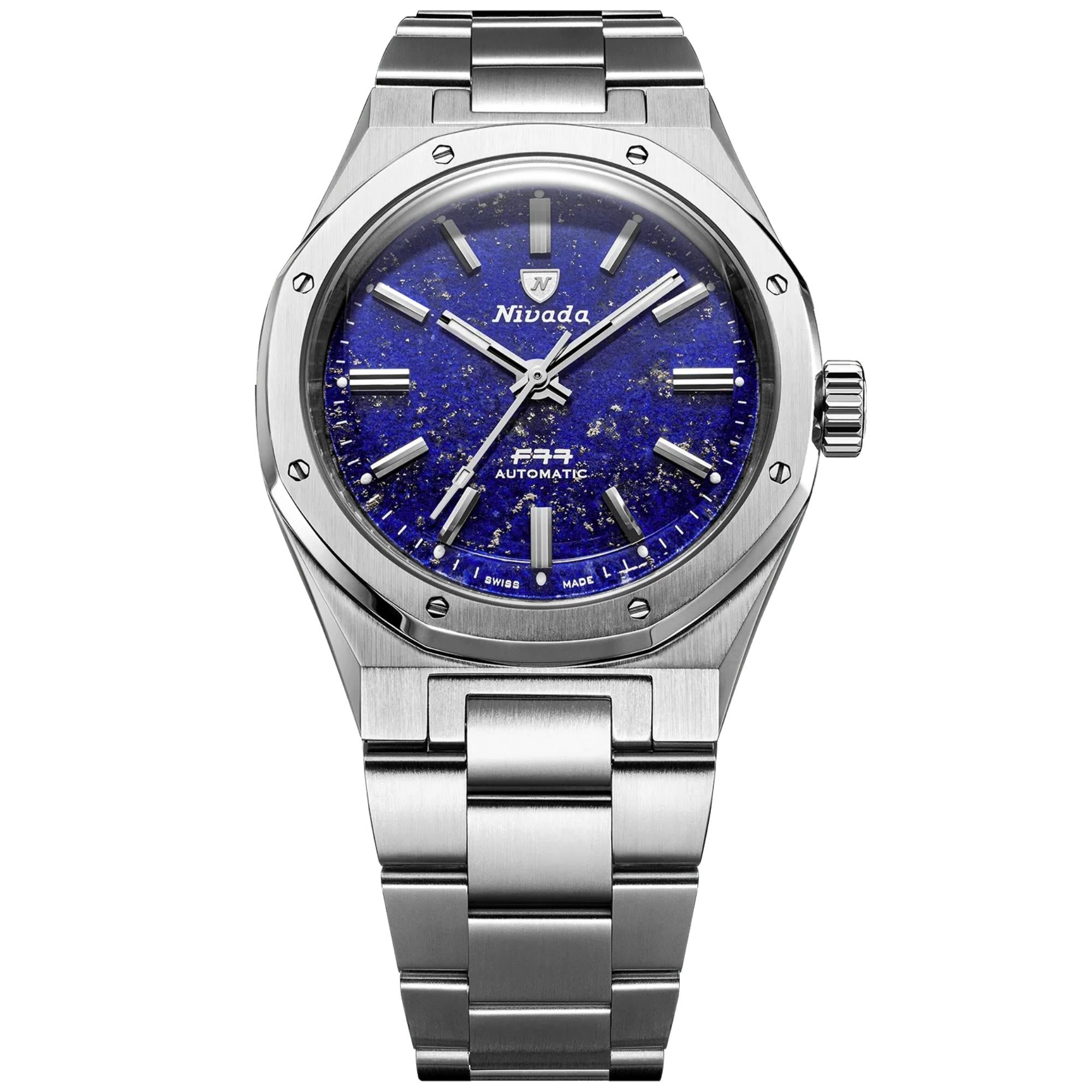 Nivada Grenchen F77 MK1 68009A77 lapis lazuli dial front view on white background