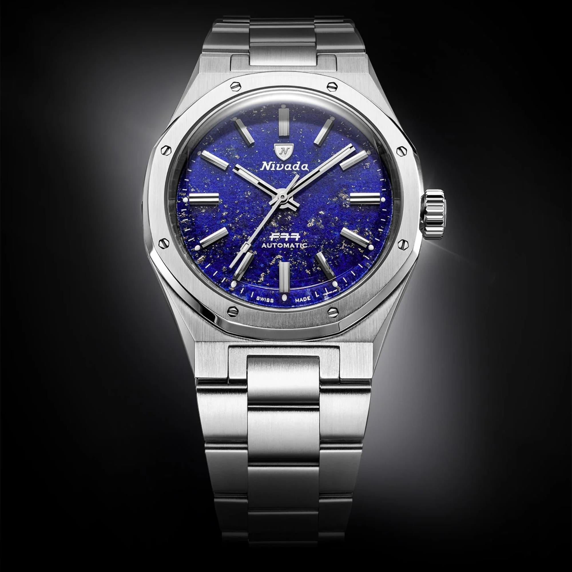 Nivada Grenchen F77 MK1 68009A77 lapis lazuli dial front view on black background