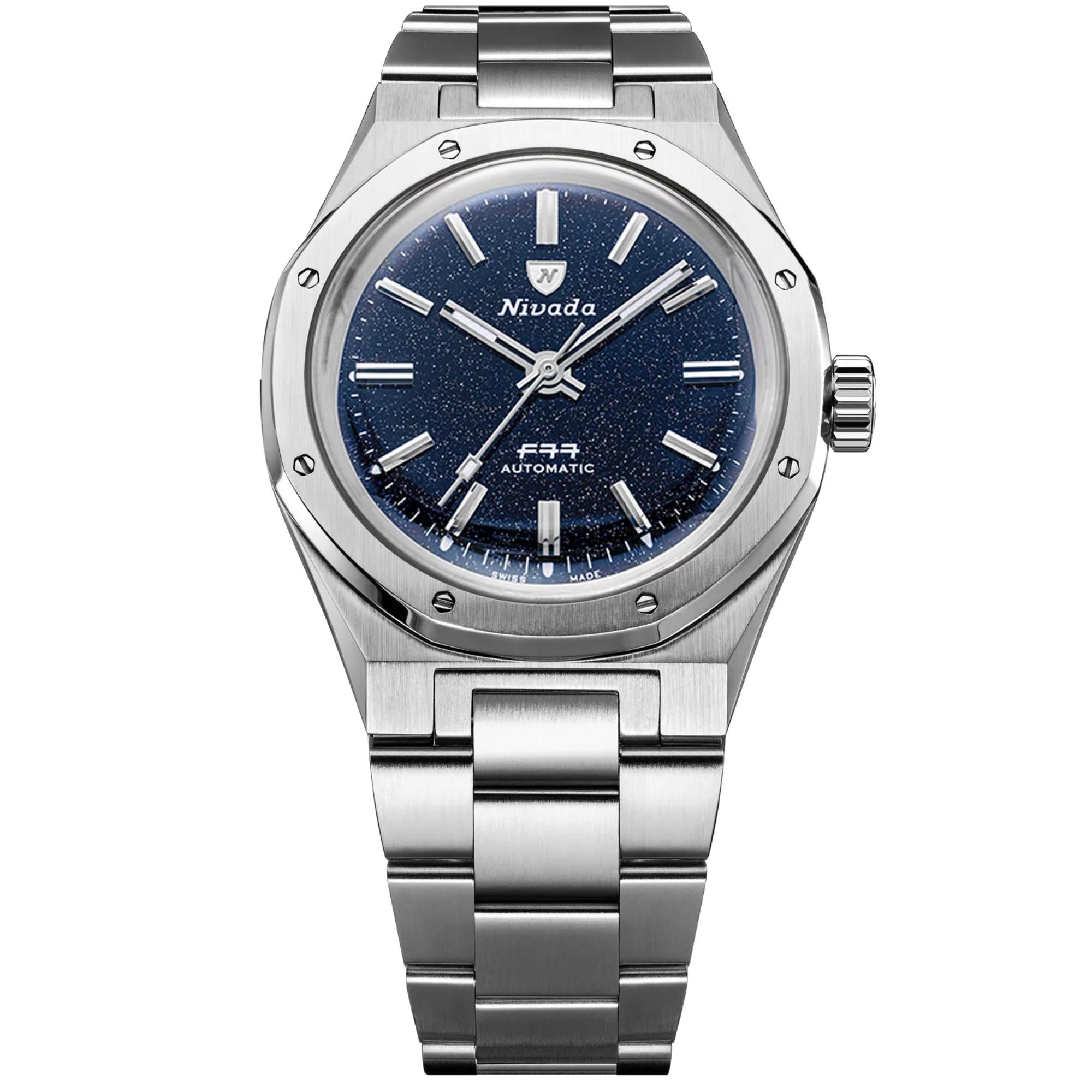 Nivada Grenchen 37mm F77 MK1 68010A77 dark blue aventurine-style dial front view