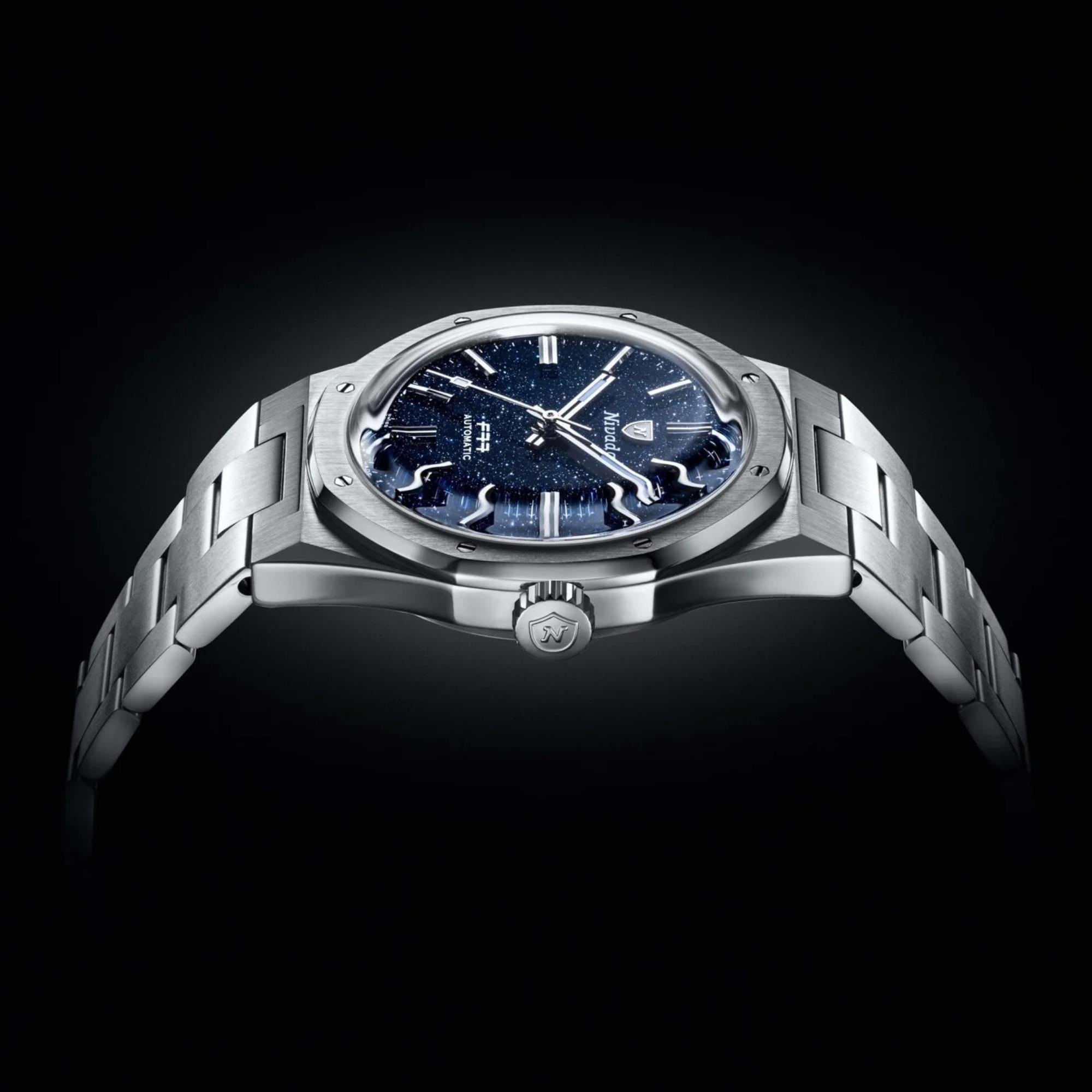 Nivada Grenchen F77 MK1 68010A77 dark blue dial horizontal side profile view