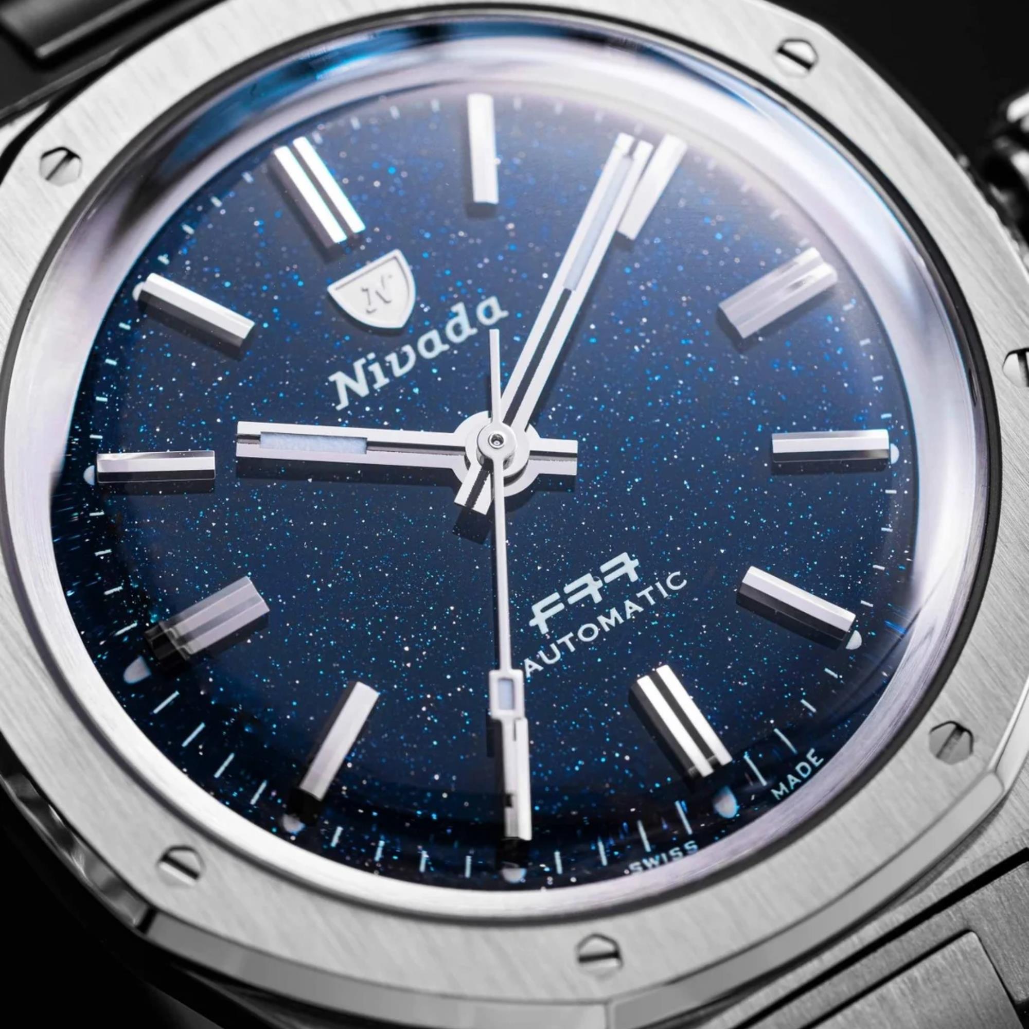 Nivada Grenchen F77 MK1 68010A77 dark blue aventurine-style dial front closeup view