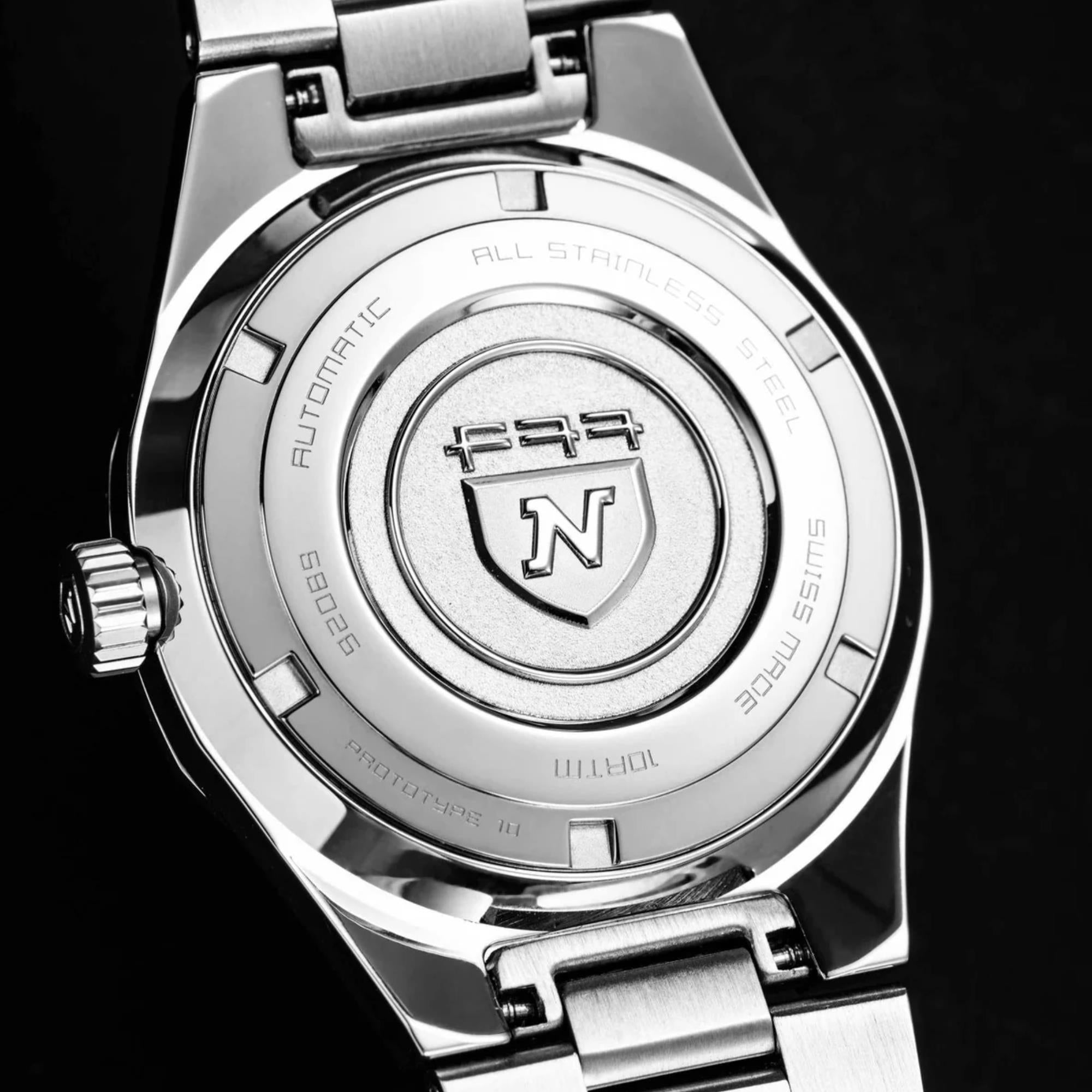 Nivada Grenchen F77 MK1 68010A77 engraved stainless steel caseback close up
