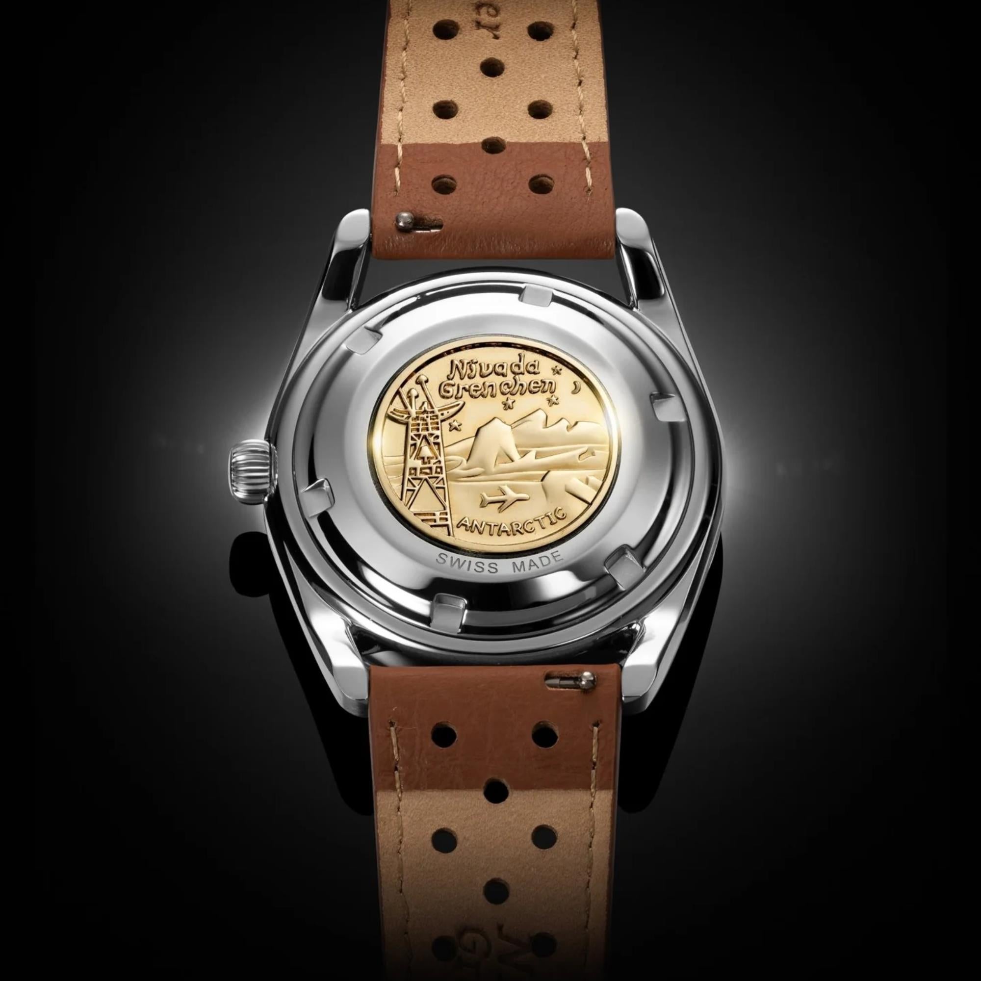 Nivada Grenchen Super Antarctic 32040A23 stainless steel caseback and gold medallion detail