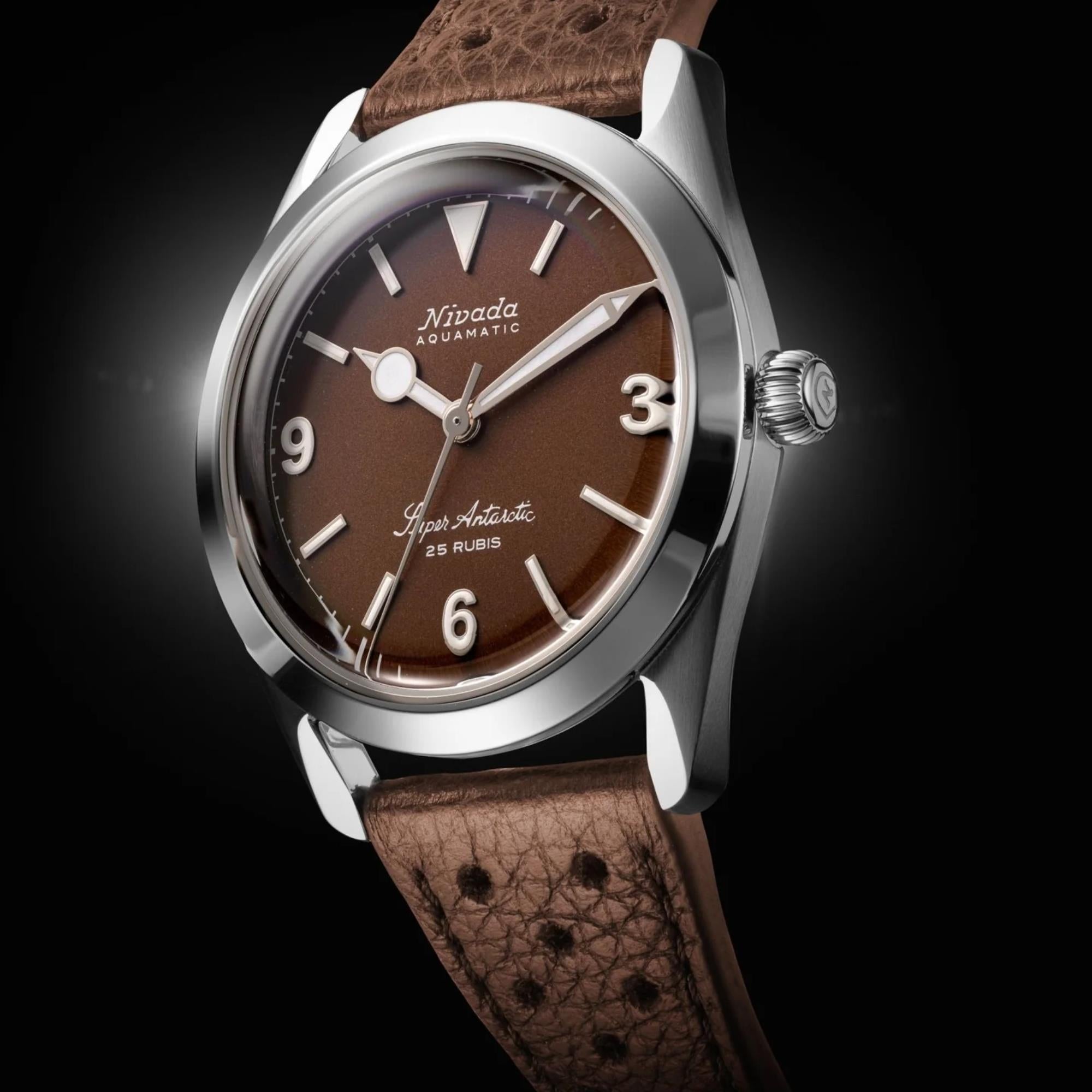 Nivada Grenchen Super Antarctic 32040A23 brown dial angled view with stainless steel case