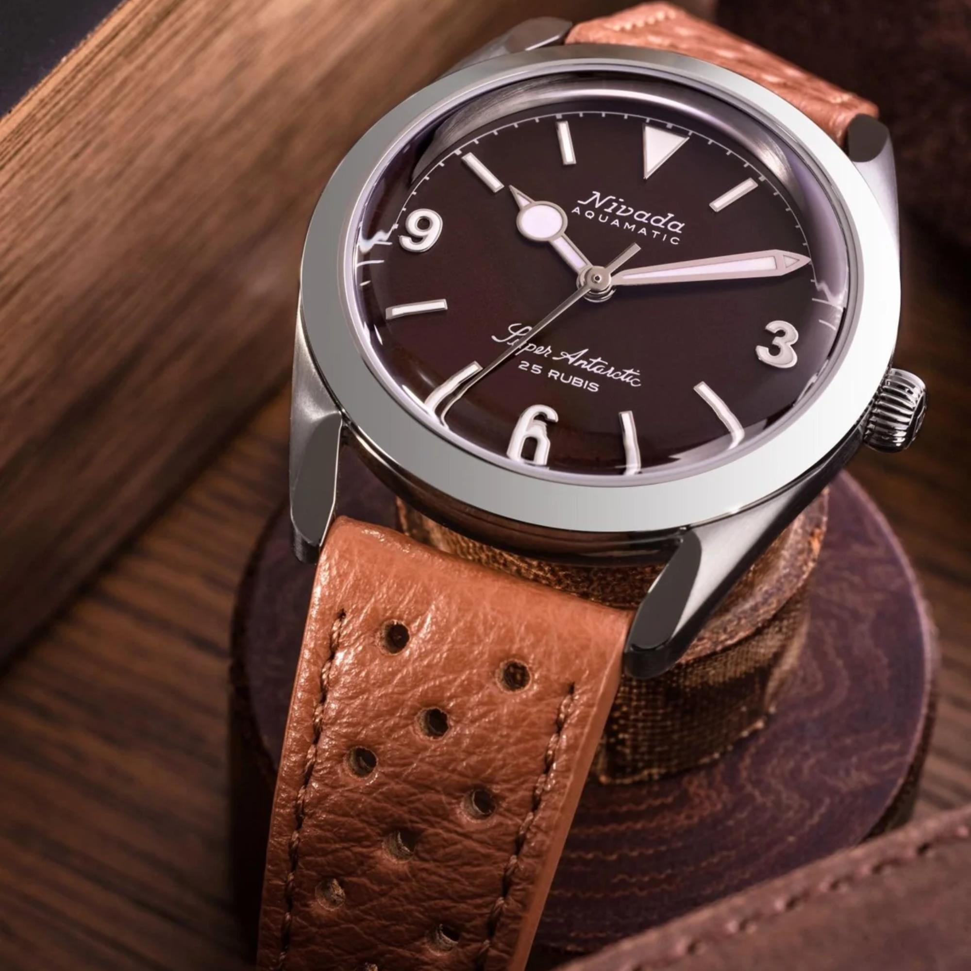 Nivada Grenchen Super Antarctic 32040A23 brown dial and polished bezel close up