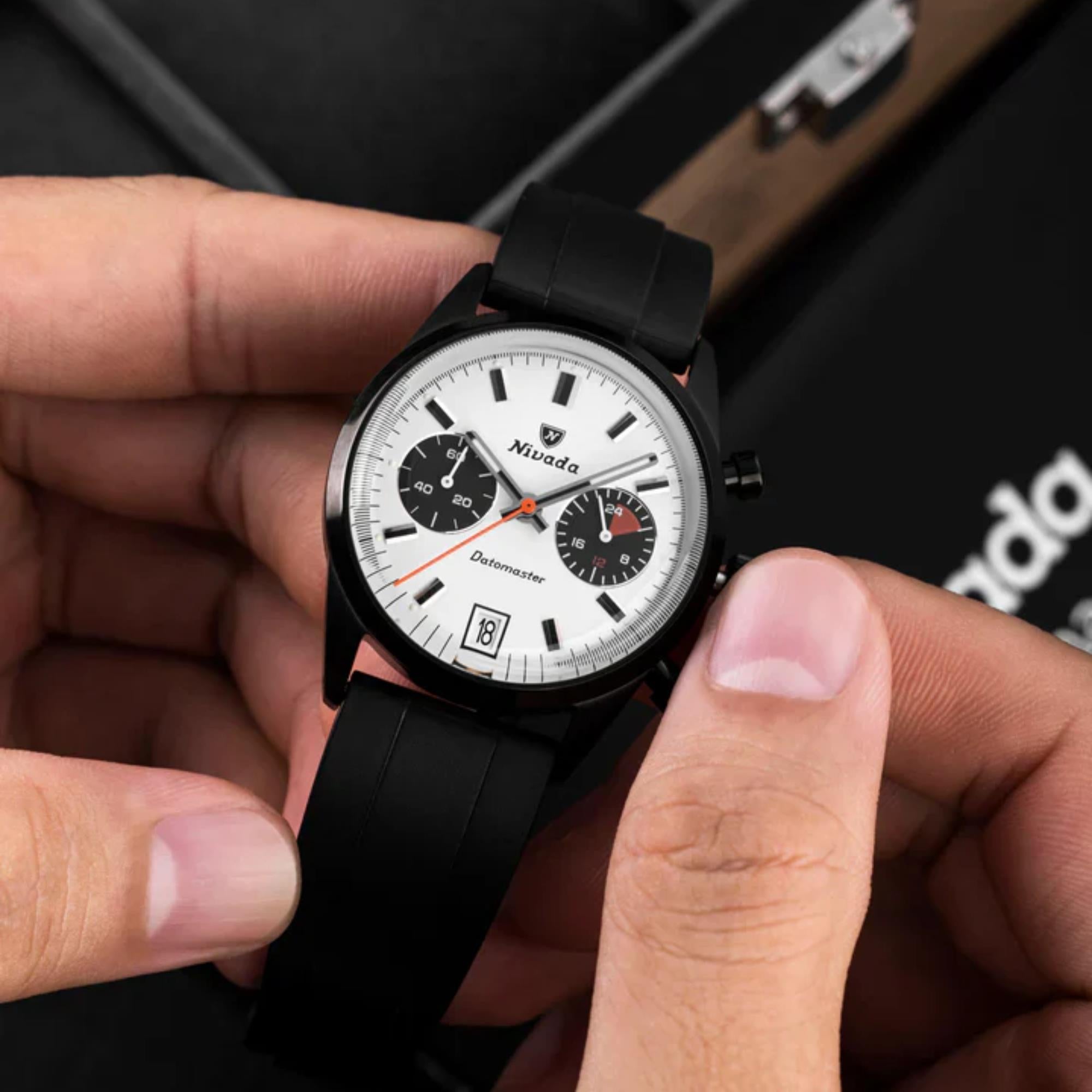 Nivada Grenchen Datomaster 88008Q33 black rubber strap and lifestyle view